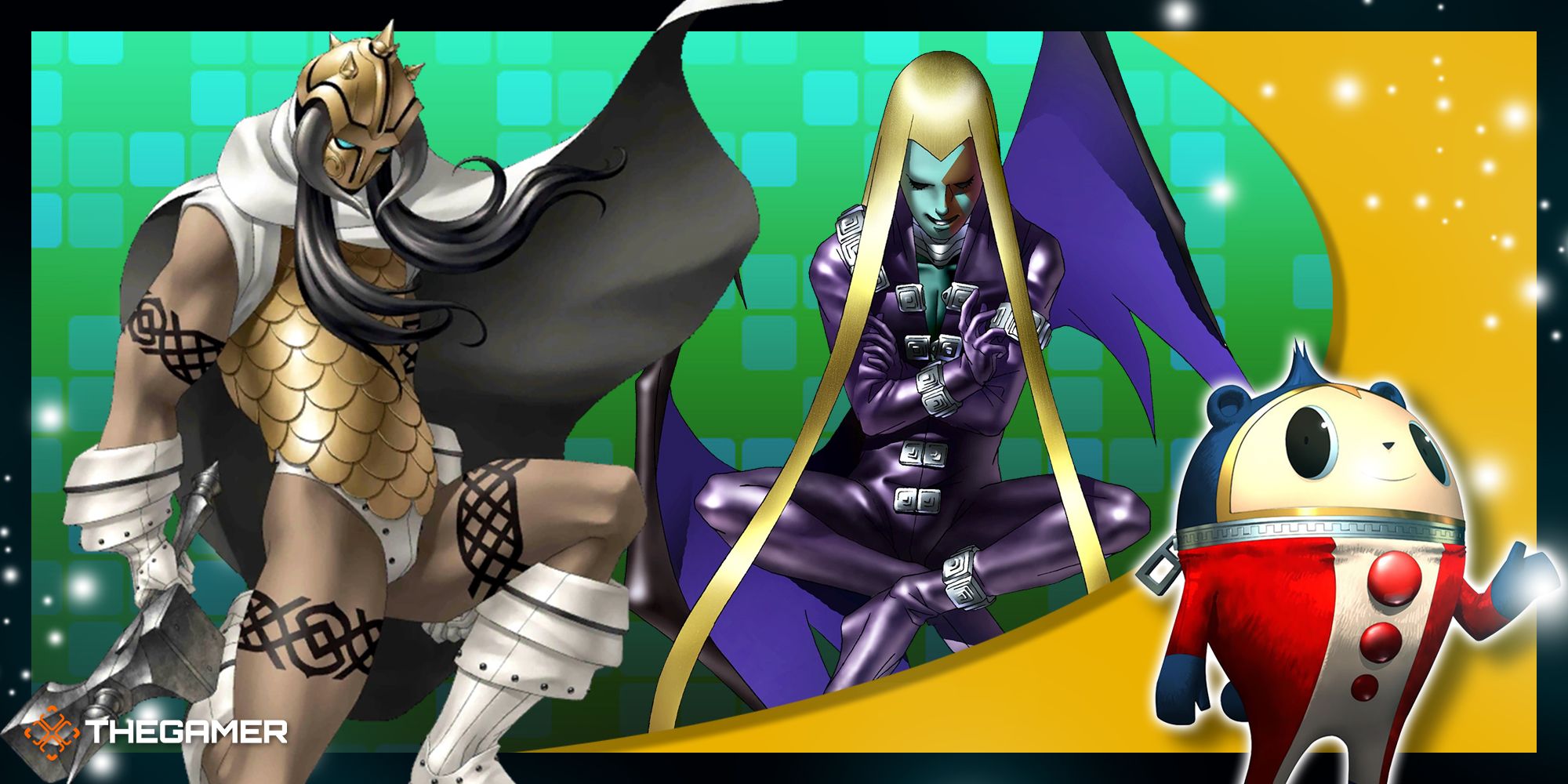 thor and loki as personas on a green background in persona 4 golden with our gold p4g teddie frame