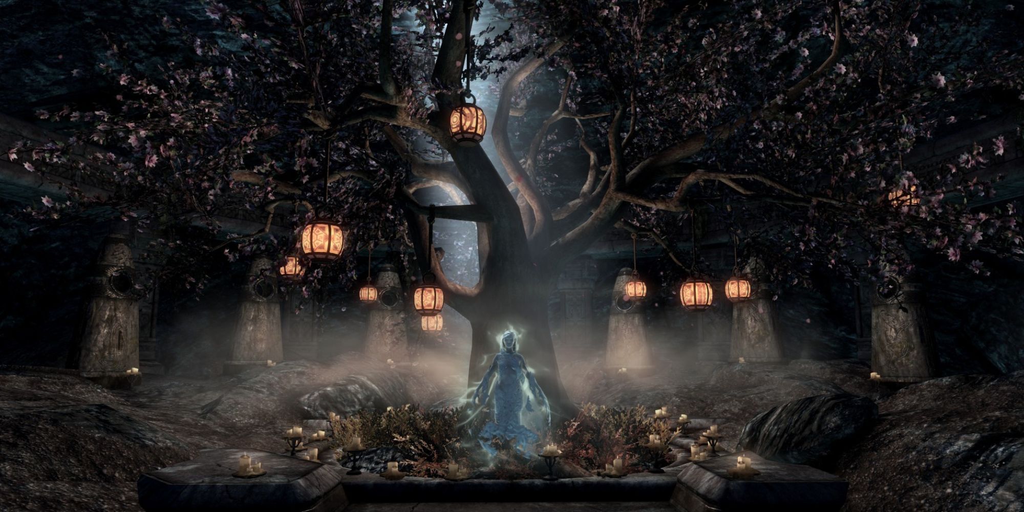 The Refuge Spirit stands in front of the Tree Chamber surrounded by lanterns and standing stones