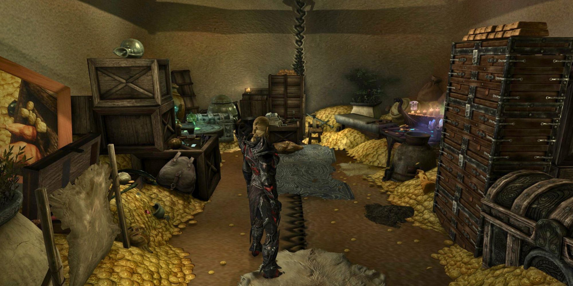 The dragonborn stands inside the Haven Bag, with various chests and piles of gold scattered across the space