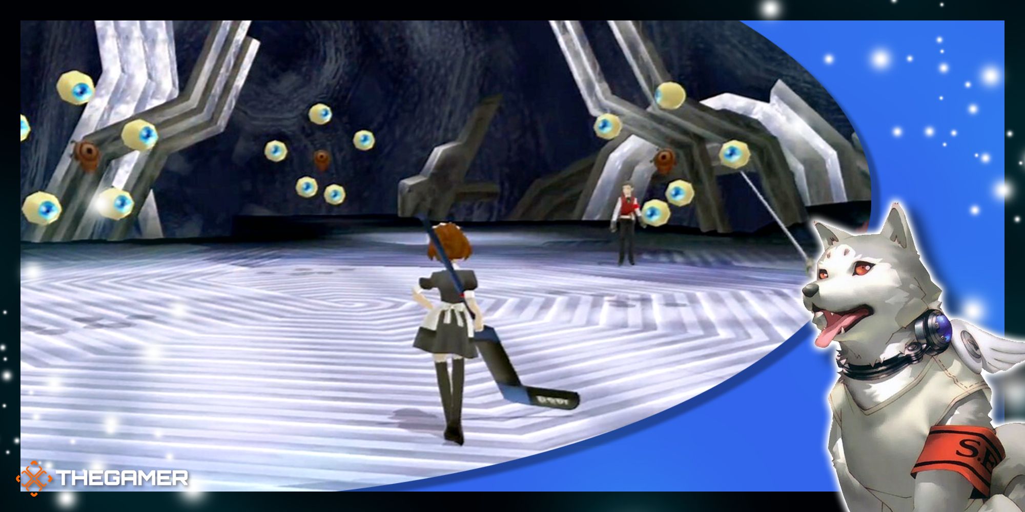 the female protagonist of p3p about to battle the three noble seeker guardian shadows in the adamah block of tartarus in persona 3 portable with our blue koromaru p3p frame