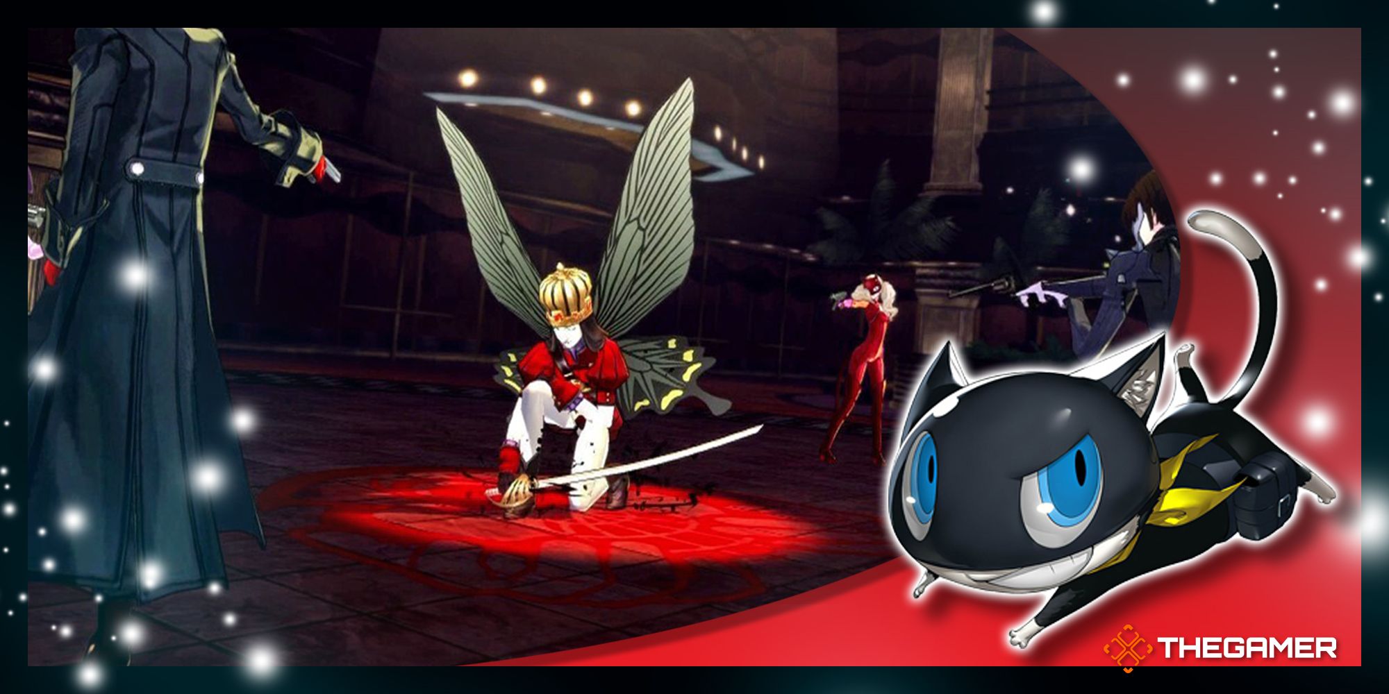joker, ann, and makoto holding up a shadow to negotiate with it in persona 5 royal for our p5r shadow negotiation guide