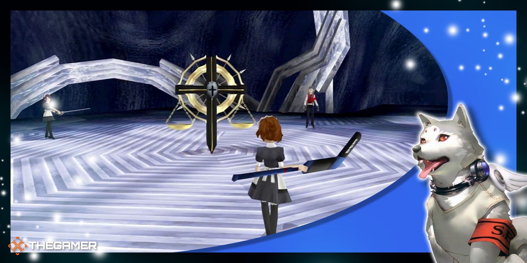the female protagonist of persona 3 portable facing off against the world balance tartarus guardian shadow in p3p in our blue p3p koromaru frame