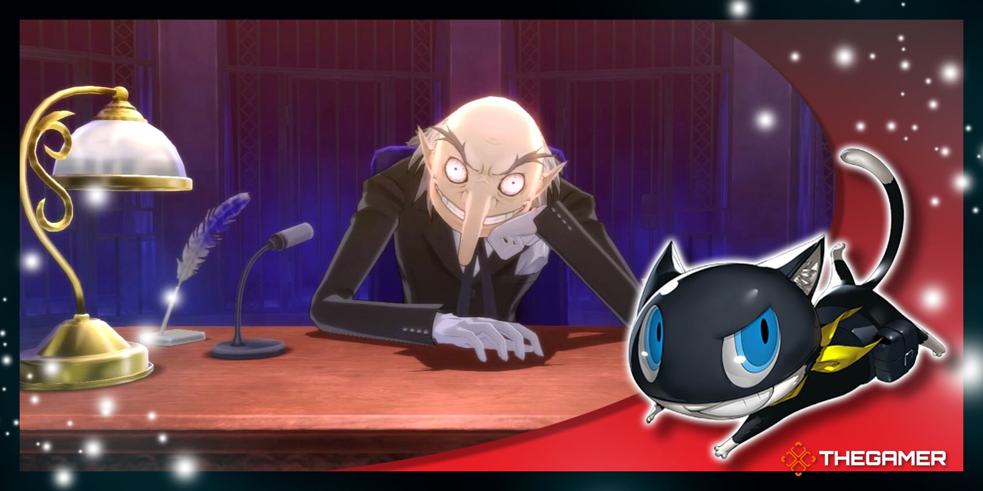 igor staring down the camera at his desk in the velvet room in persona 5 royal in our red p5r morgana frame