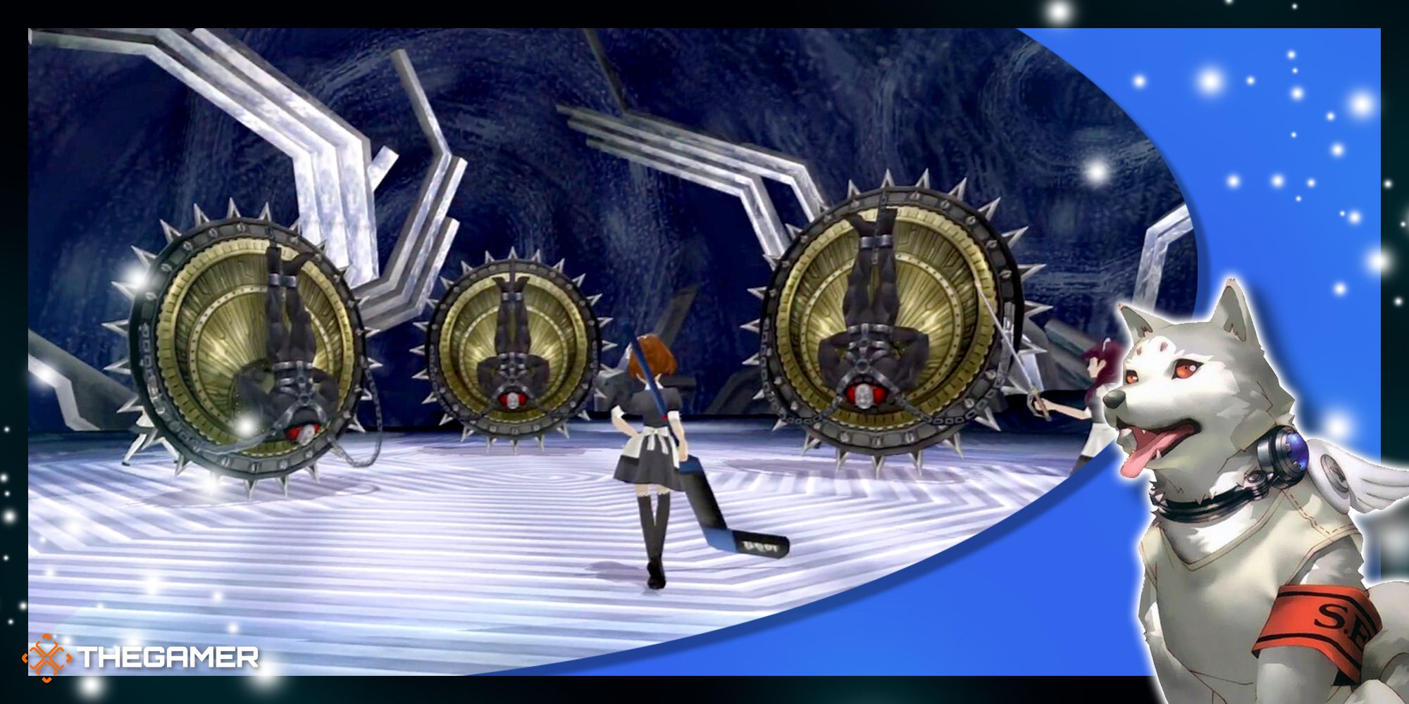 the female protagonist of persona 3 portable about to battle the three fierce cyclops guardians in tartarus in our blue p3p koromaru frame