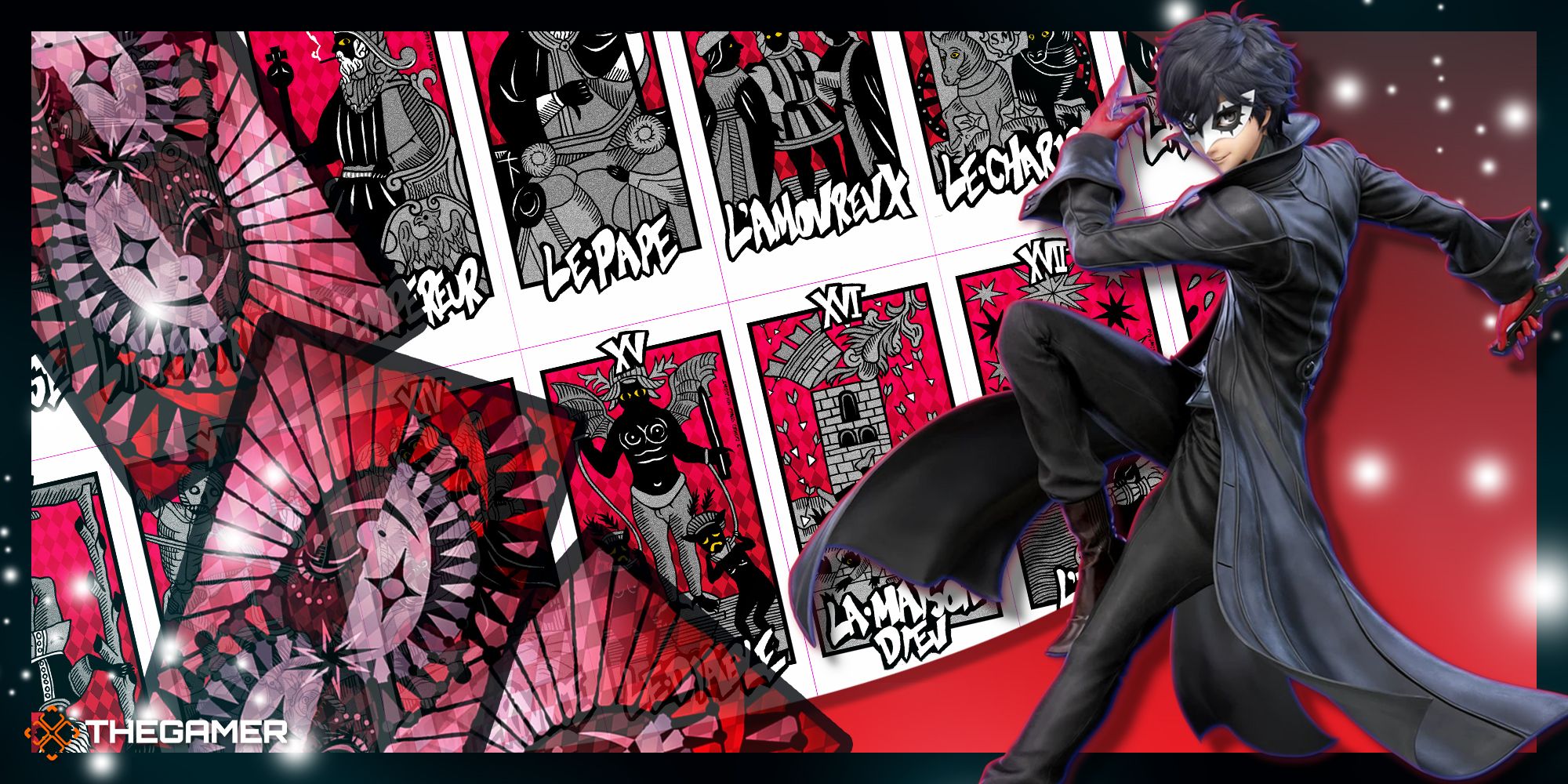 joker from persona 5 in red p5r frame with multiple tarot cards by p5r for social link enabled guide
