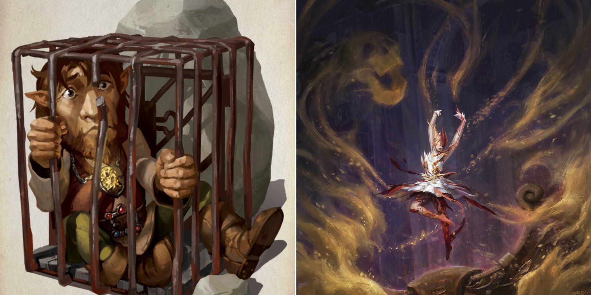 A character trapped in a small cage and a fairy surrounded by spirits in Dungeons And Dragons