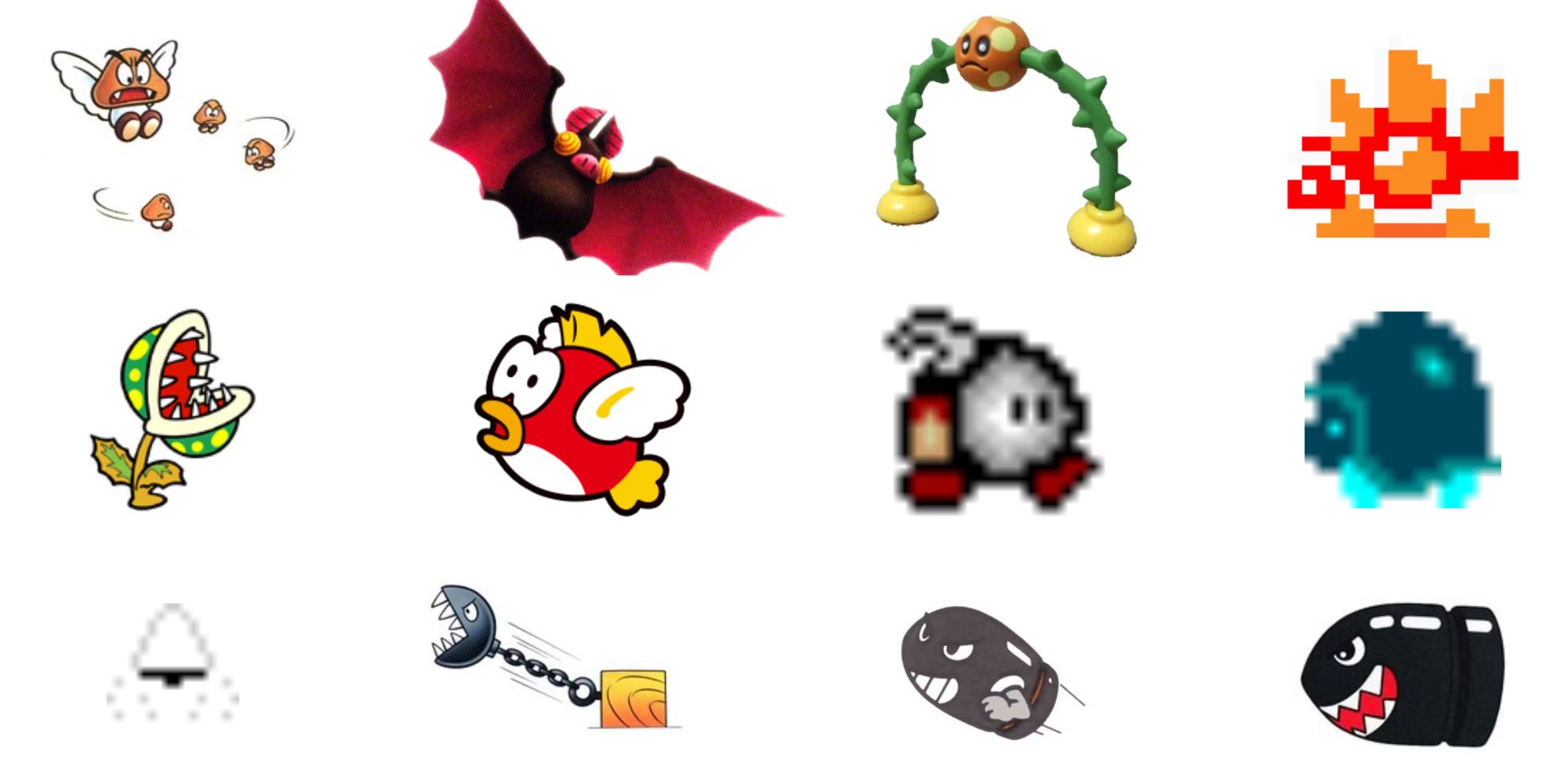 A diverse line-up of Mario enemies in different art styles