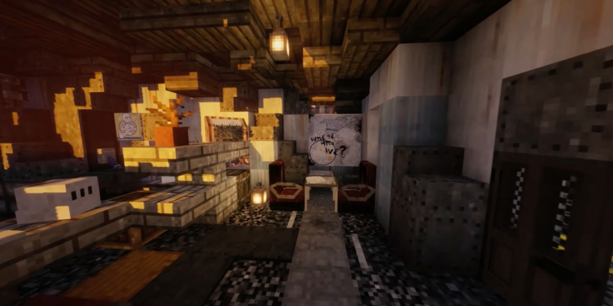 A messy postapocalyptic room in Minecraft designed with the Fallout Paradise resource pack