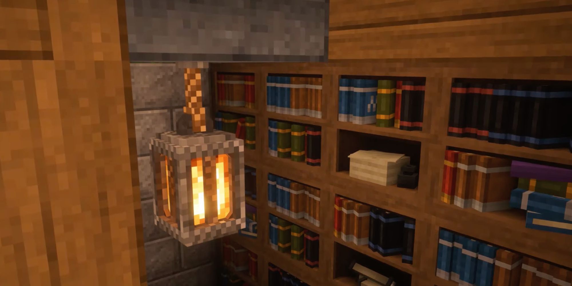 A Minecraft room with a bookshelf and a lantern designed with the Alacrity resource pack.