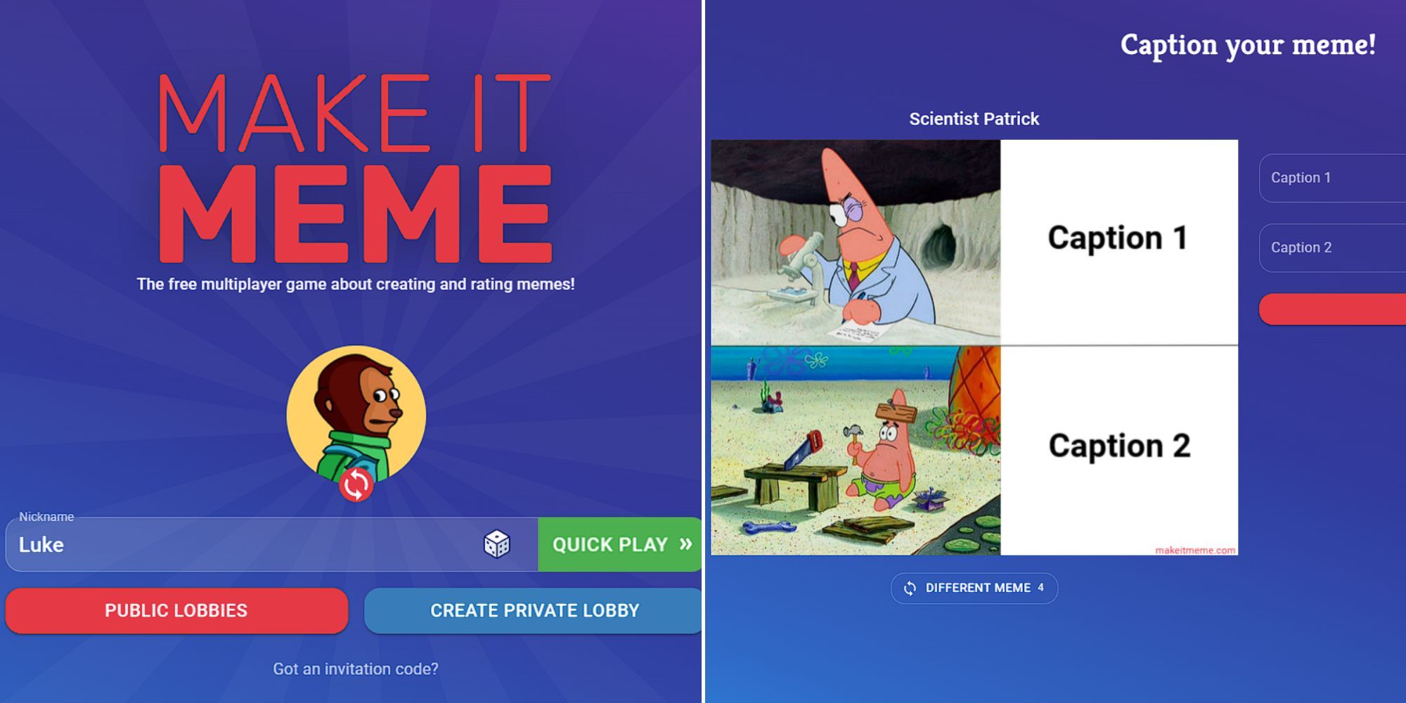 A Player choosing their name and avatar at the menu screen and a Spongebob meme template in Make It Meme