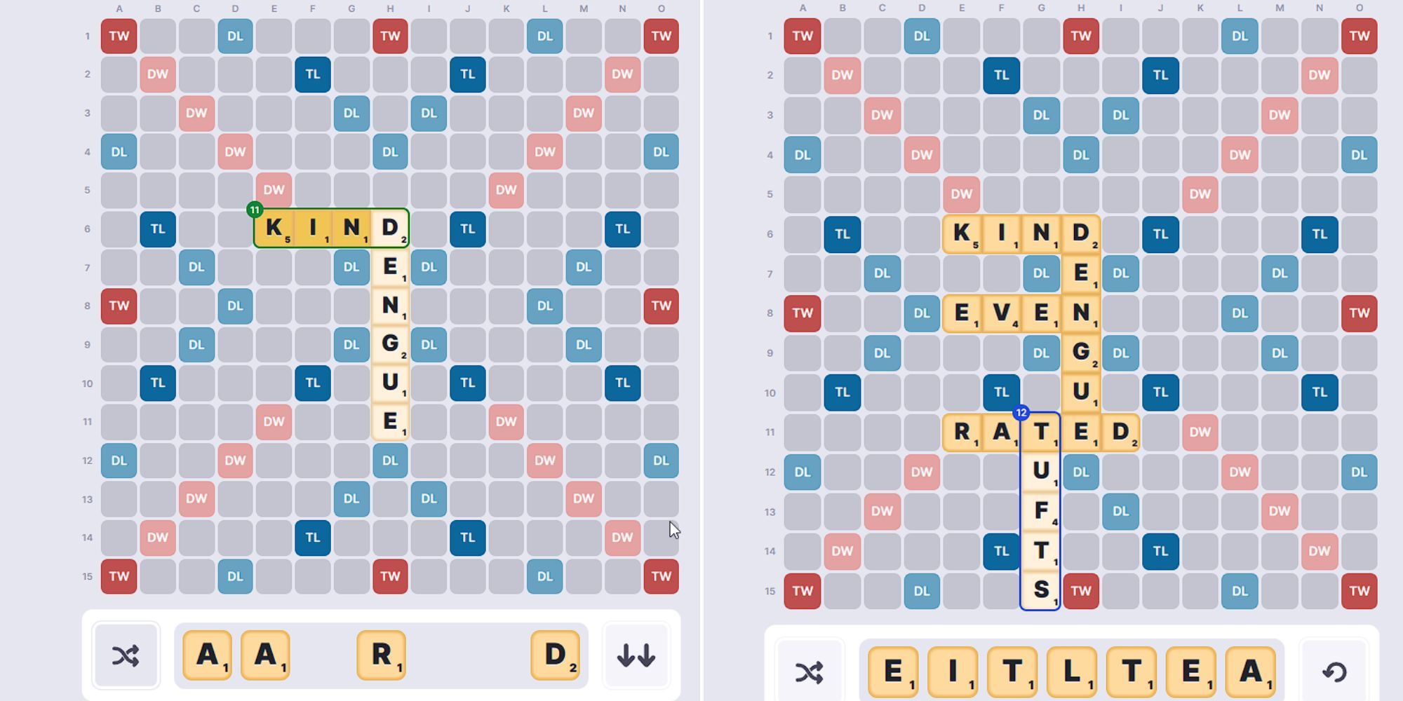 A player putting the word kind onto the board and the board later in the game on Play Scrabble