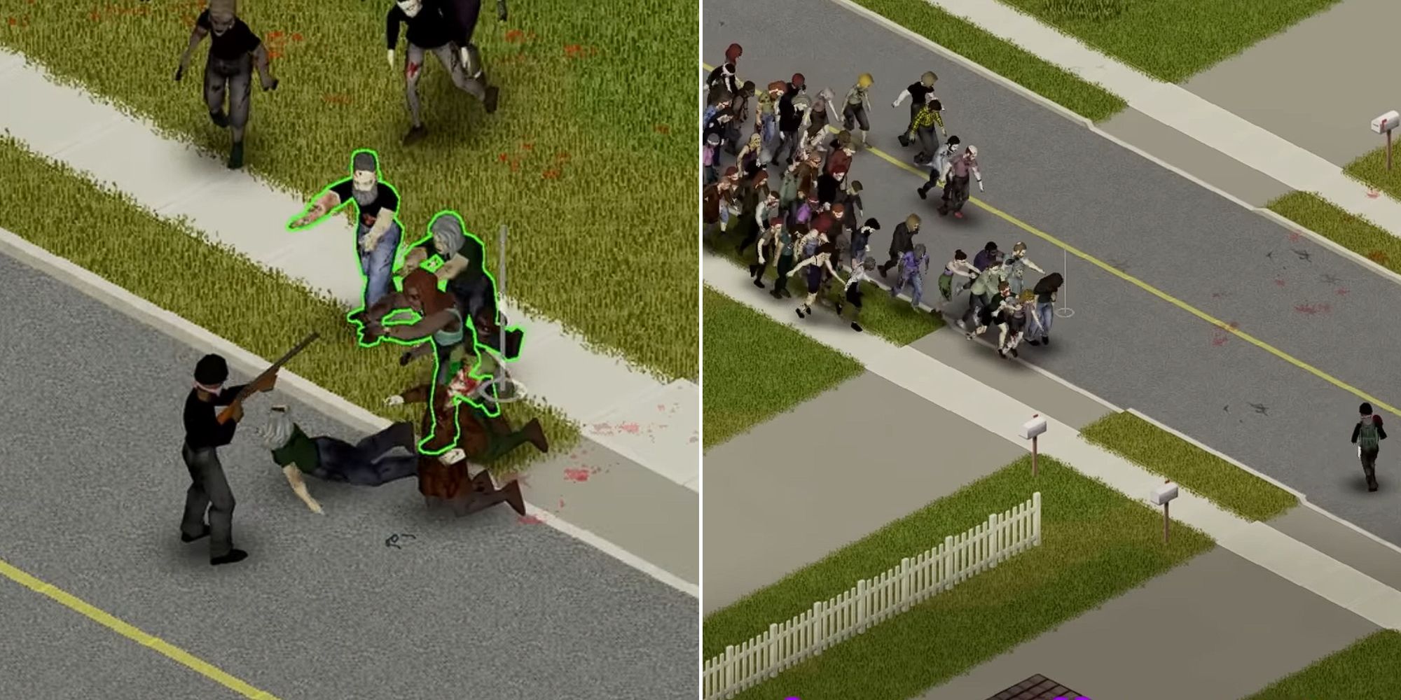 A Player Shooting A Zombie And A Player Running Away From A Horde Of Zombies In Project Zomboid