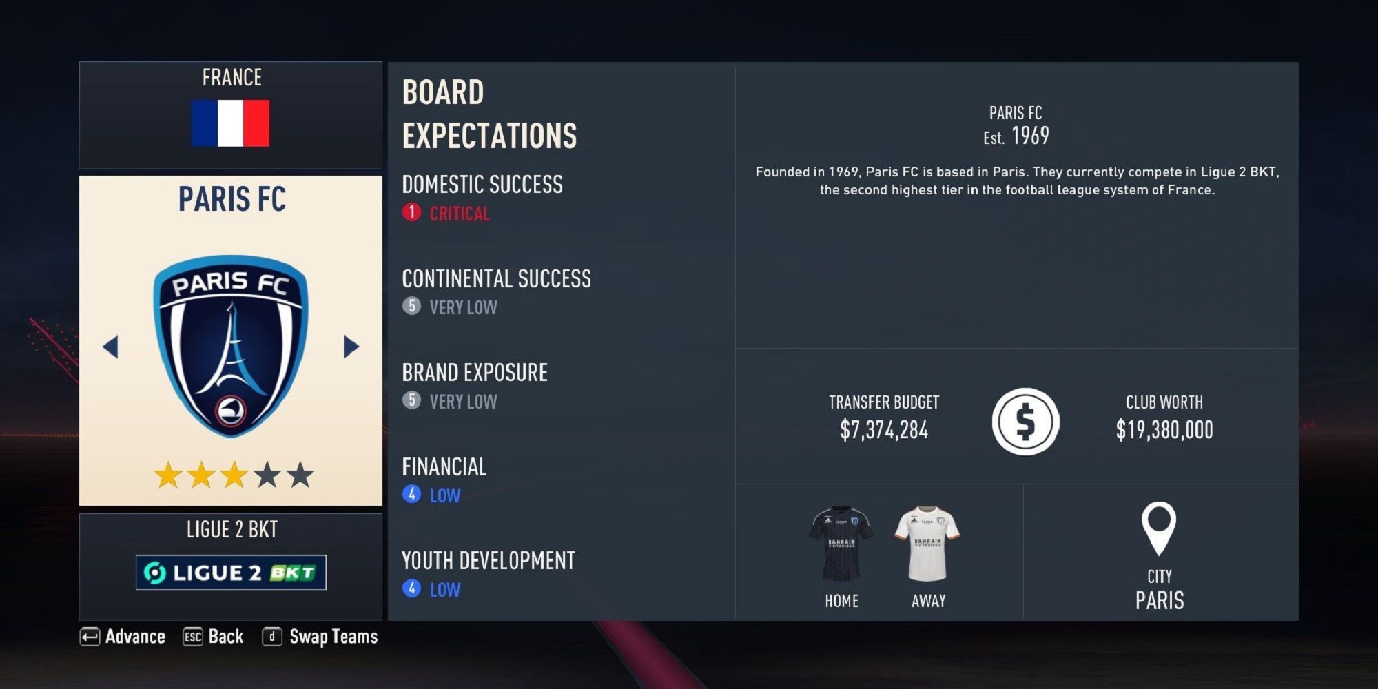 A screenshot of Paris FC in FIFA 23