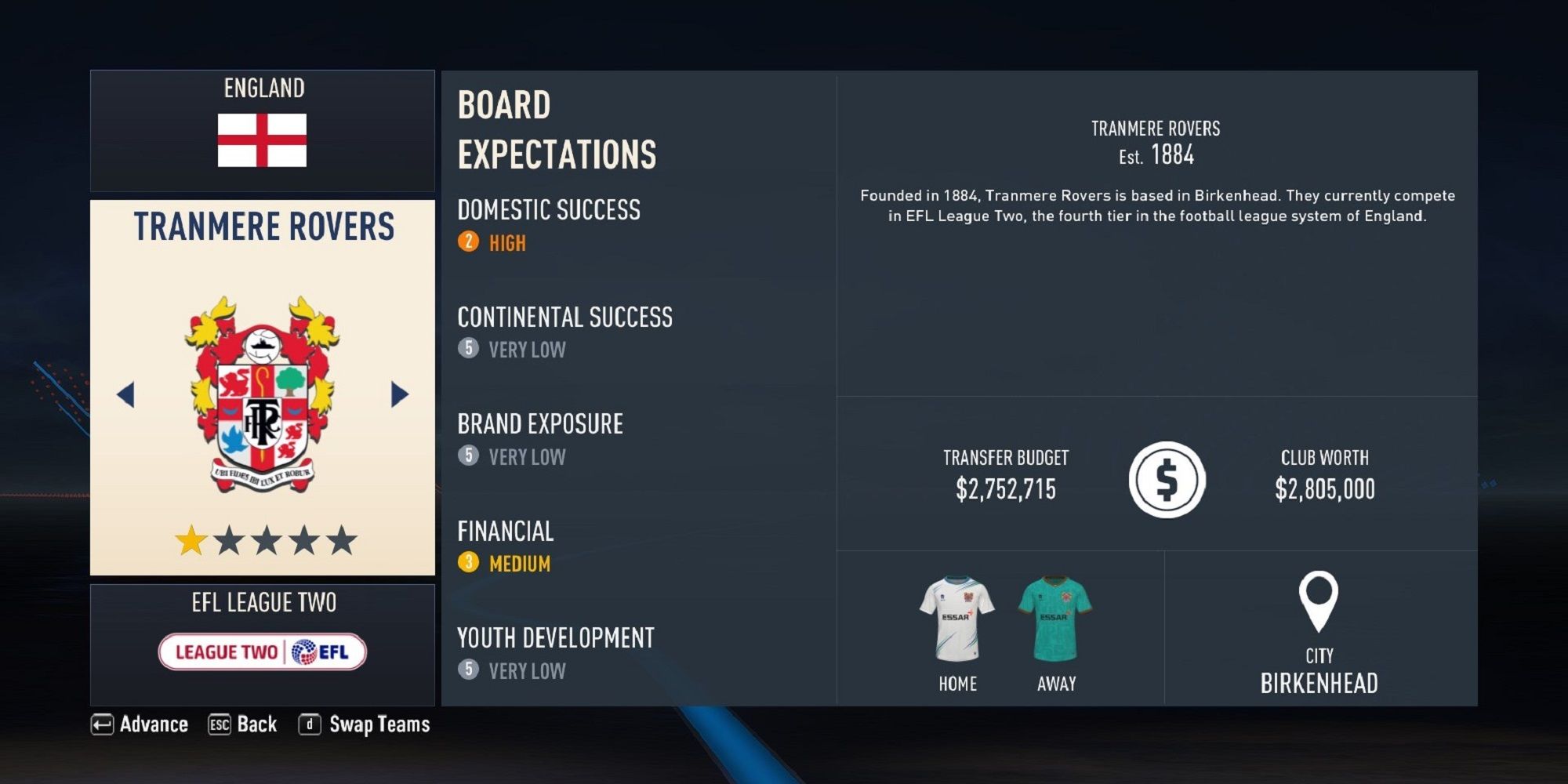 A screenshot of Tranmere Rovers in FIFA 23