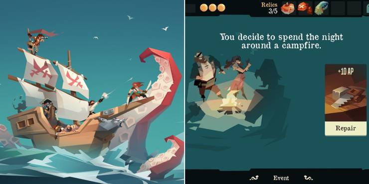 A ship being attacked by a kraken and the player deciding to spend the night around a campfire in Pirates Outlaws