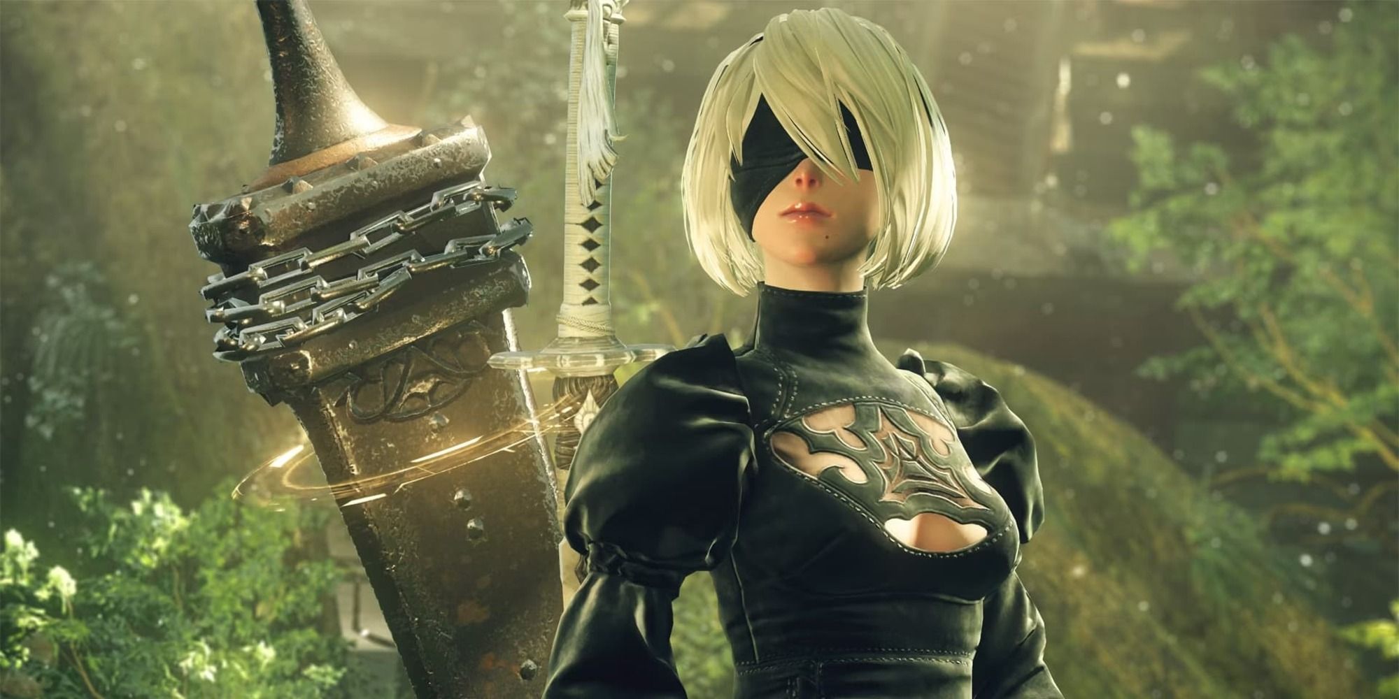A woman with an eyepatch stands in a garden area in NieR Automata