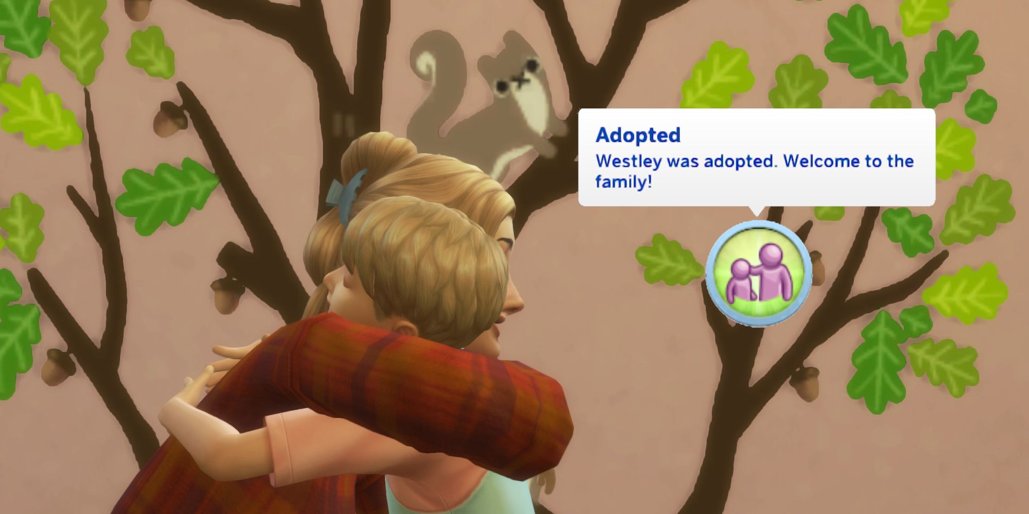 An adult Sim and a child Sim embrace, a text bubble that says "Adopted" is next to them.