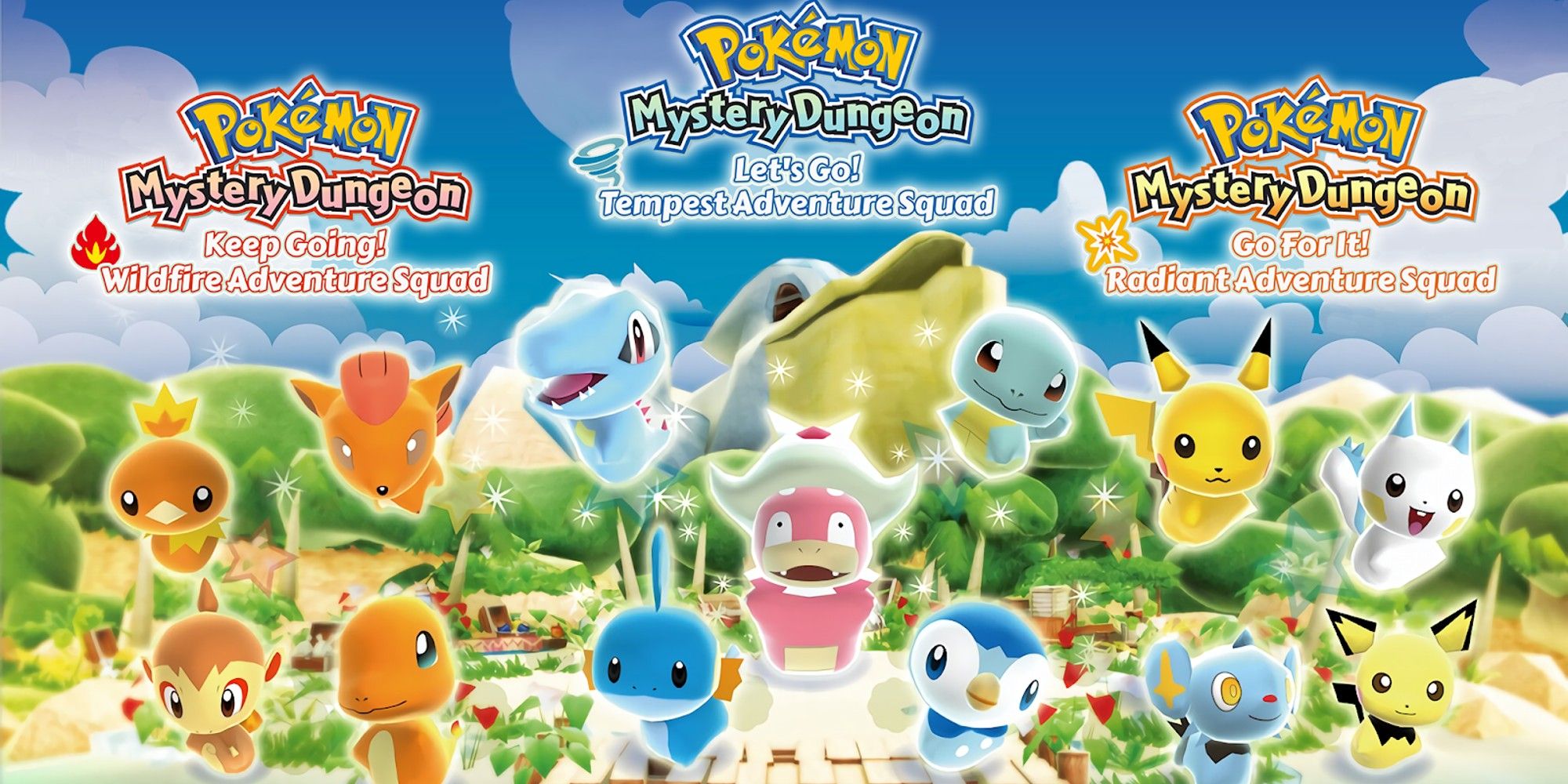Pokemon Mystery Dungeon Adventure Squad cover art featuring several playable Pokemon models and the game logo