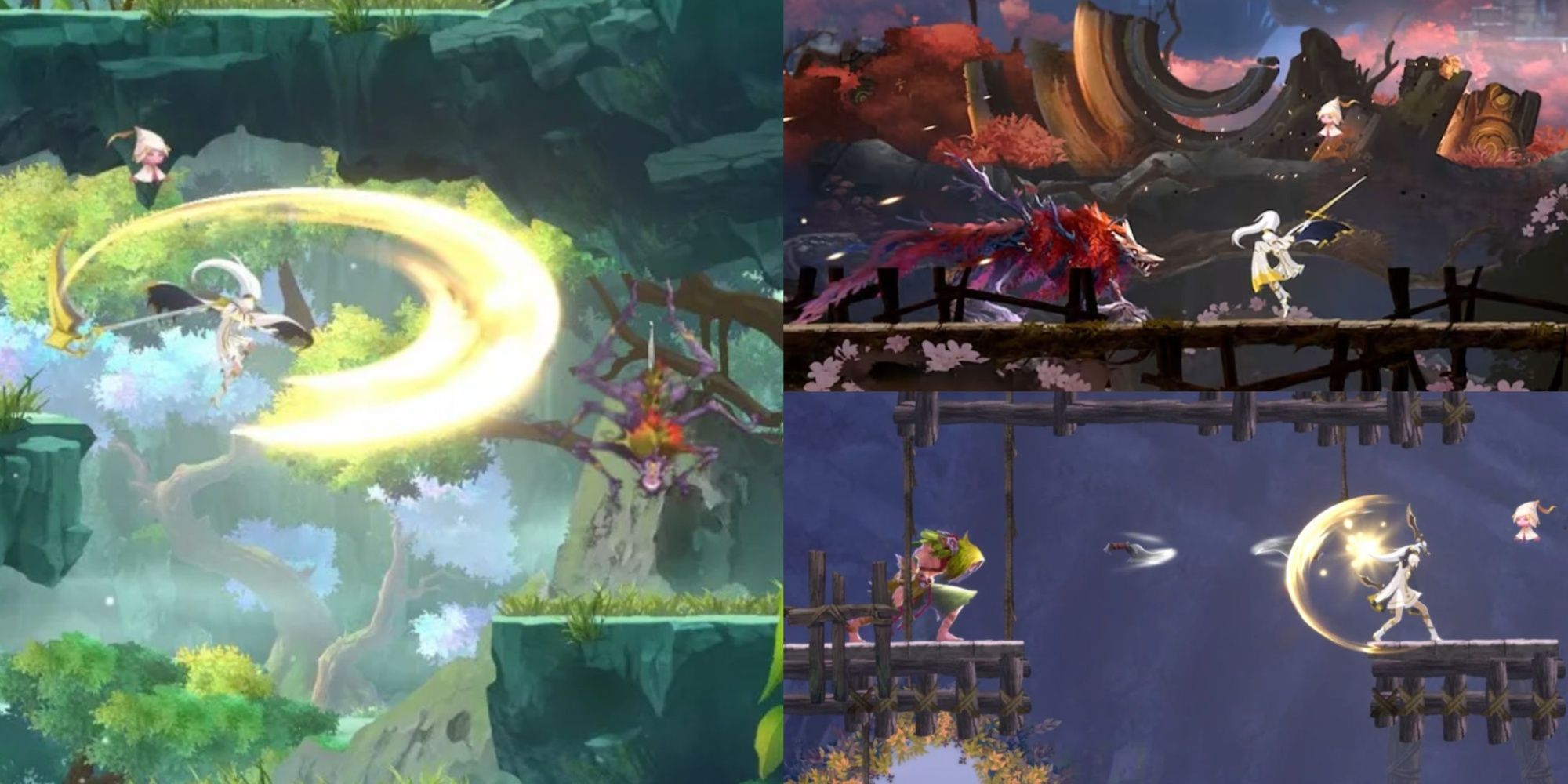 A collage of images of Renee from Afterimage using a variety of different Weapon Types to defeat enemies.