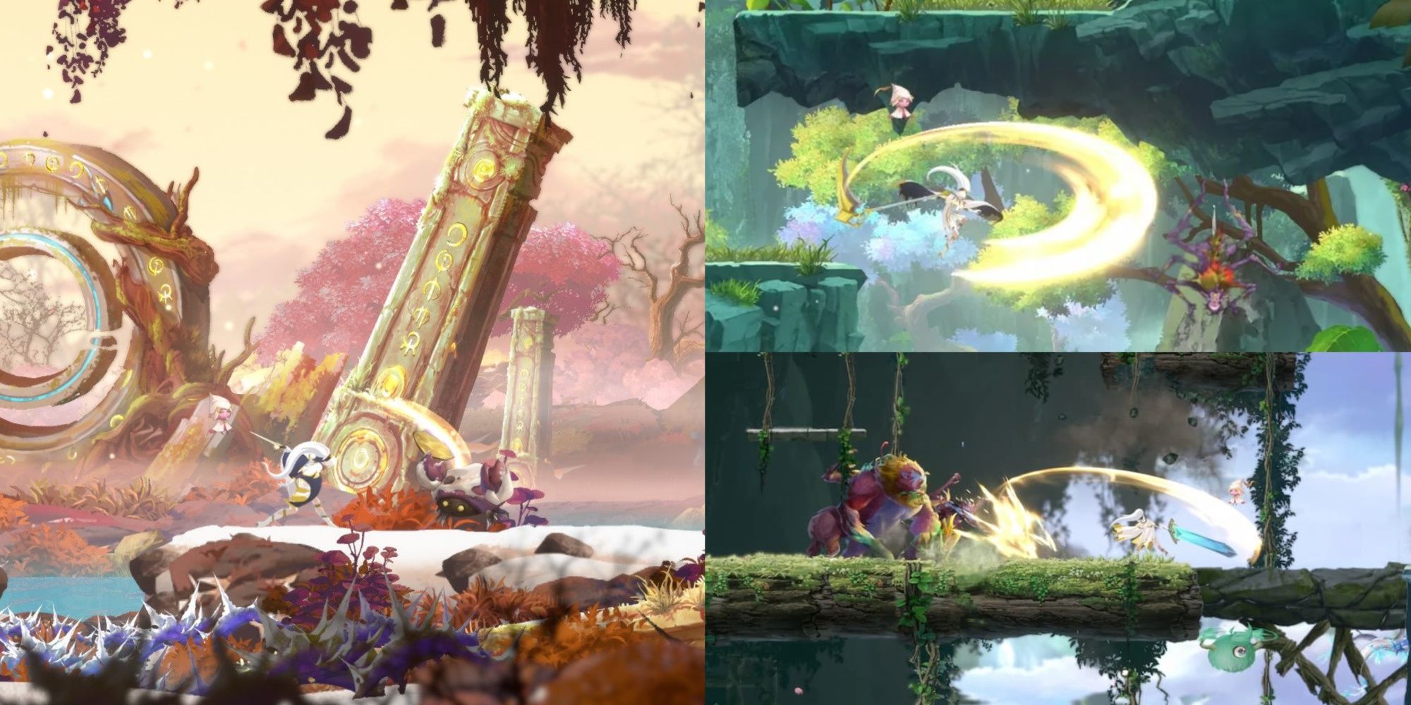 A collage of images of Renee from Afterimage using various weapons against a wide range of monsters in the game.