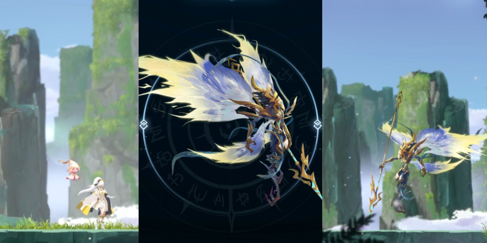 A collage of images of Renee approaching Loss, the Galefeather in Afterimage, along with a portrait of Loss, the Galefeather