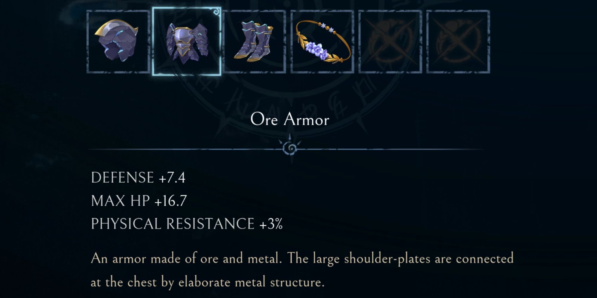 The Stats of the Ore Armor piece, showcasing it's increased Defense, Max HP, and Physical Resistance in Afterimage