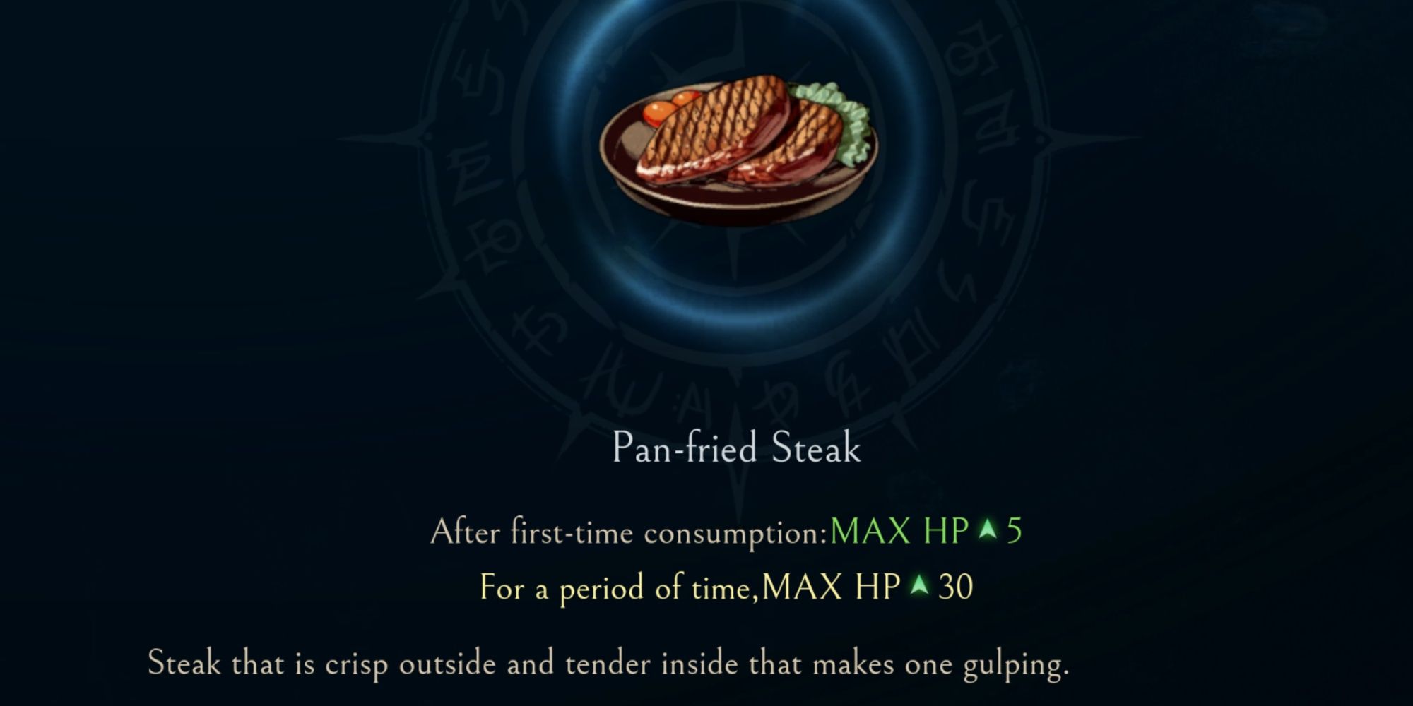 The Pan-fried Steak Recipe in Afterimage, showcasing it's Max HP raising Buffs
