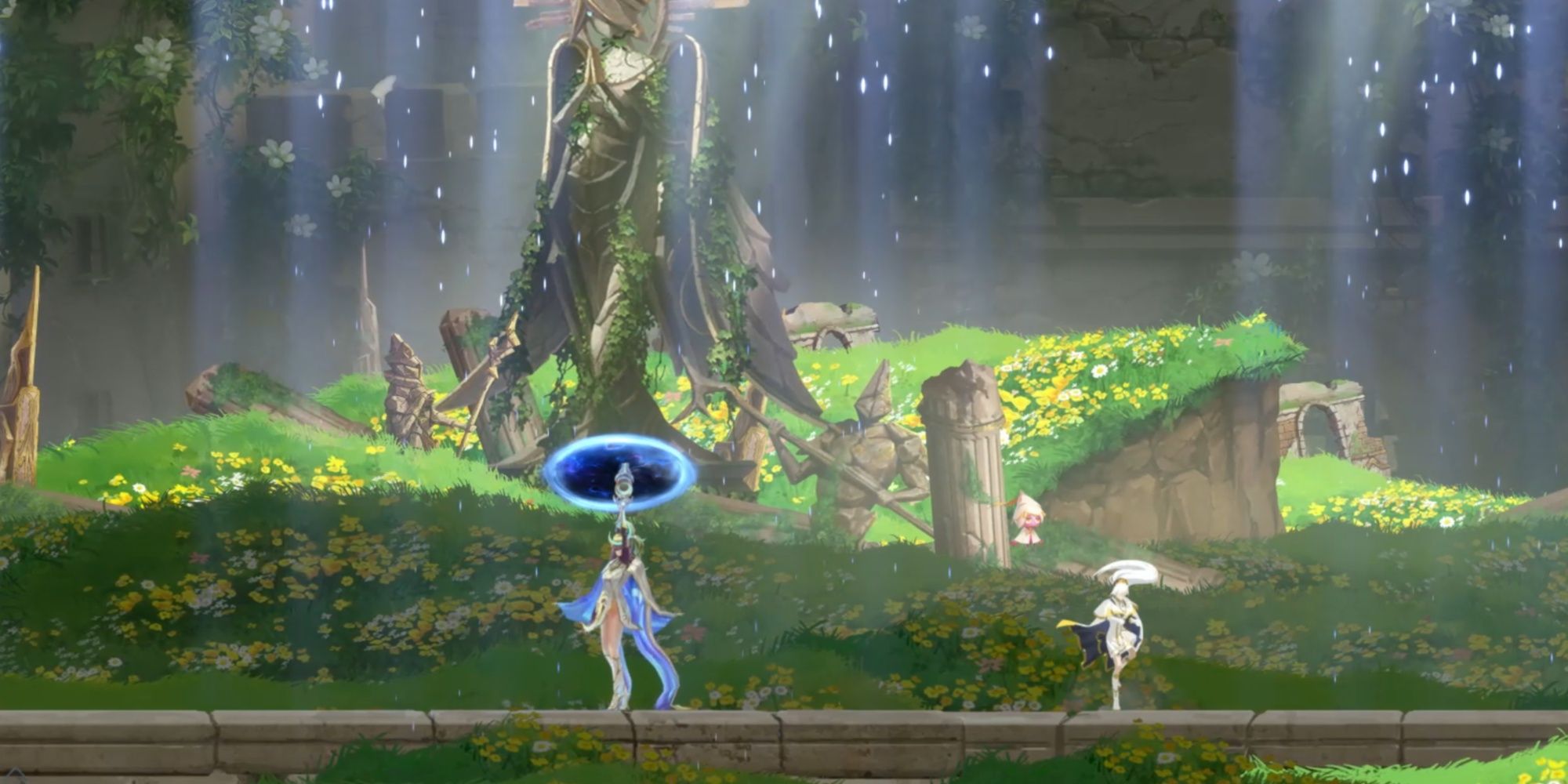 The Three Question Mark Boss plunging her sword in a portal above herself, creating an onslaught of Beams of Light to rain down from the sky, dealing mass damage in Afterimage