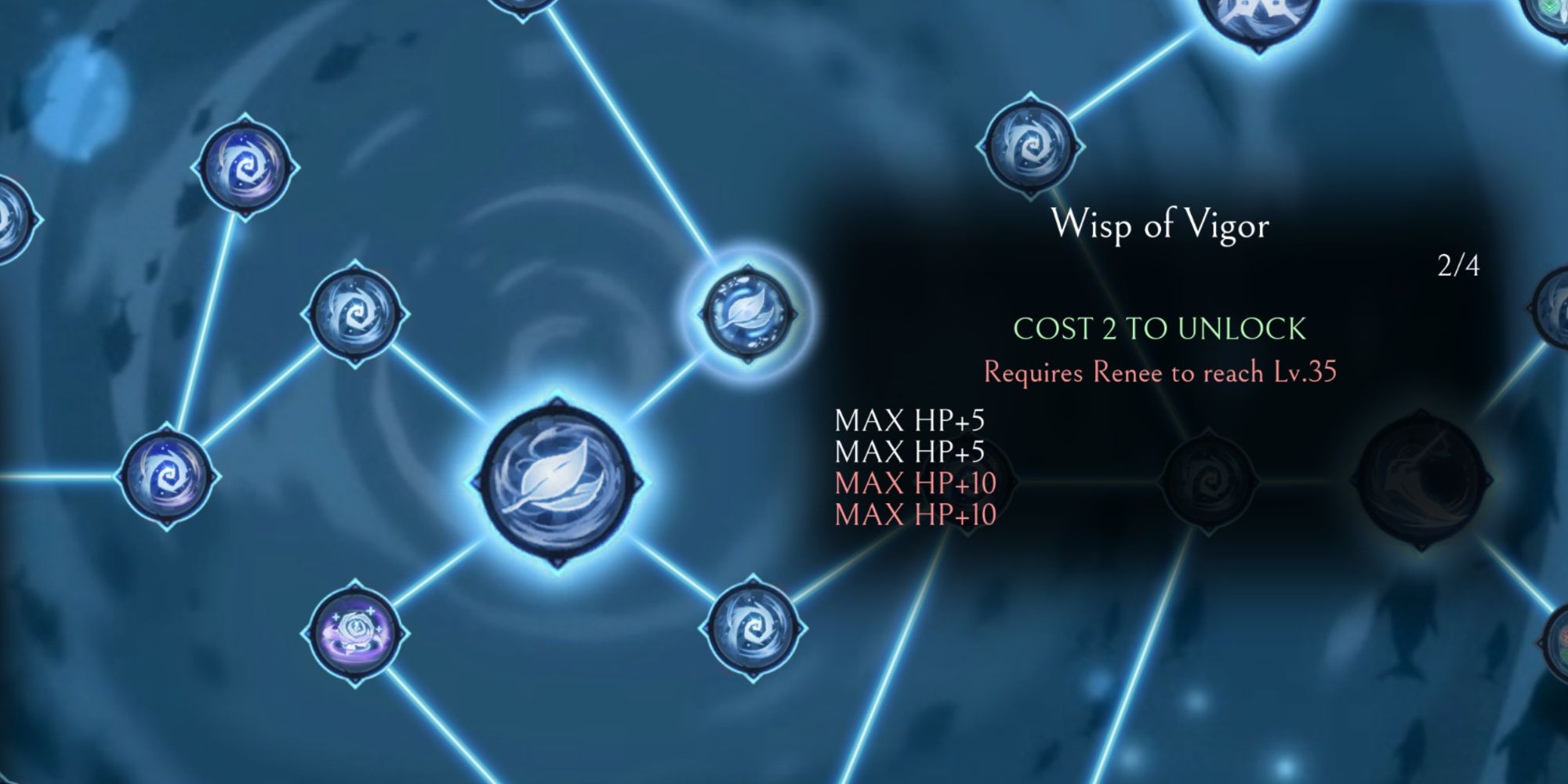A look at the Upgrades for the Wisp of Vigor Talent in the Talent Tree, showcasing how much you can increase your Max HP in Afterimage