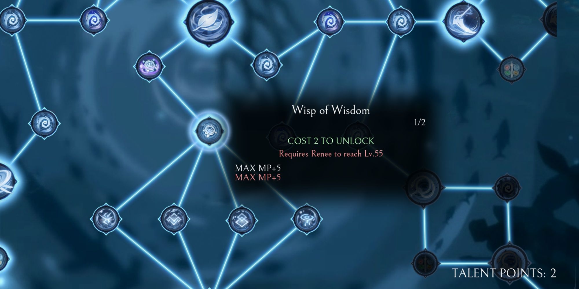 The Wisp of Wisdom Talent in Afterimage, showcasing its ability to drastically increase your Max MP