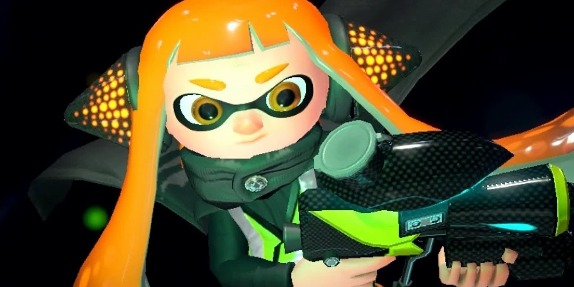 Agent 3 from Splatoon delivers a fierce look as she holds her paint gun.