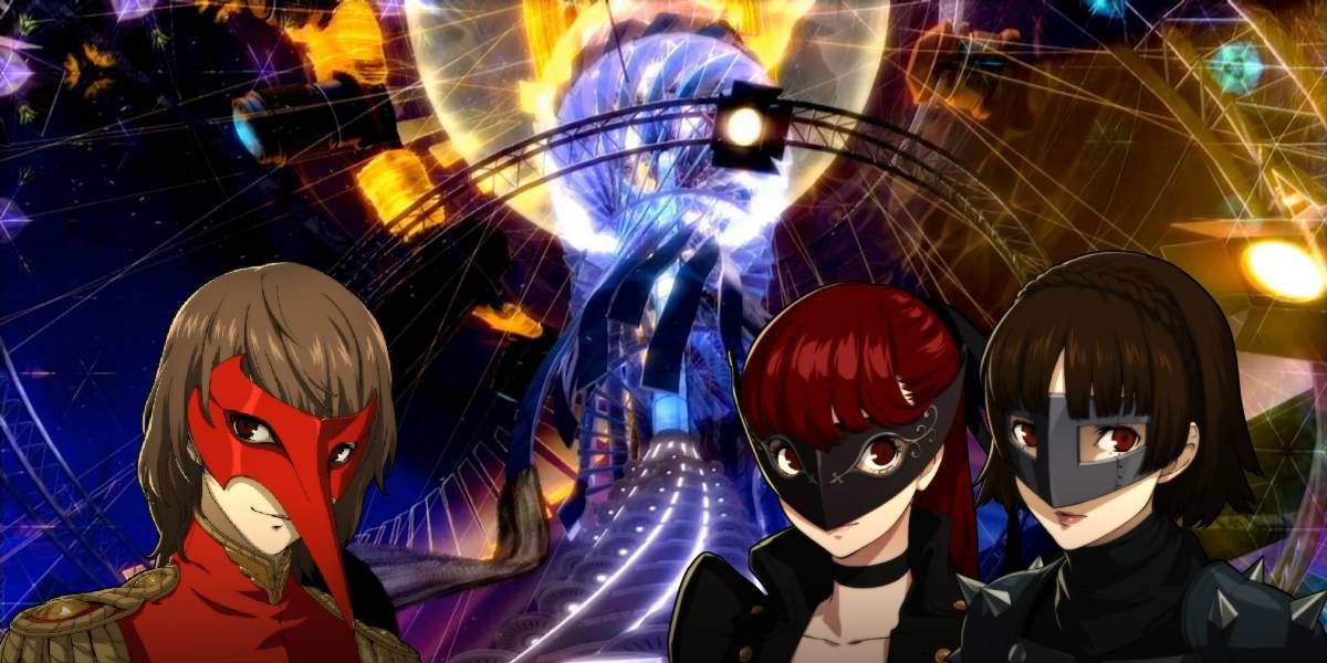 akechi, sumire, kasumi, and makoto in front of maruki's lab, the third semester bonus dungeon in persona 5 royal, as the best team persona 5 royal for maruki