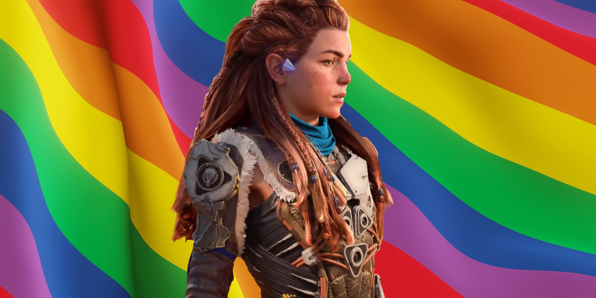 Aloy from Horizon Forbidden West standing in front of a waving LGBTQ+ flag