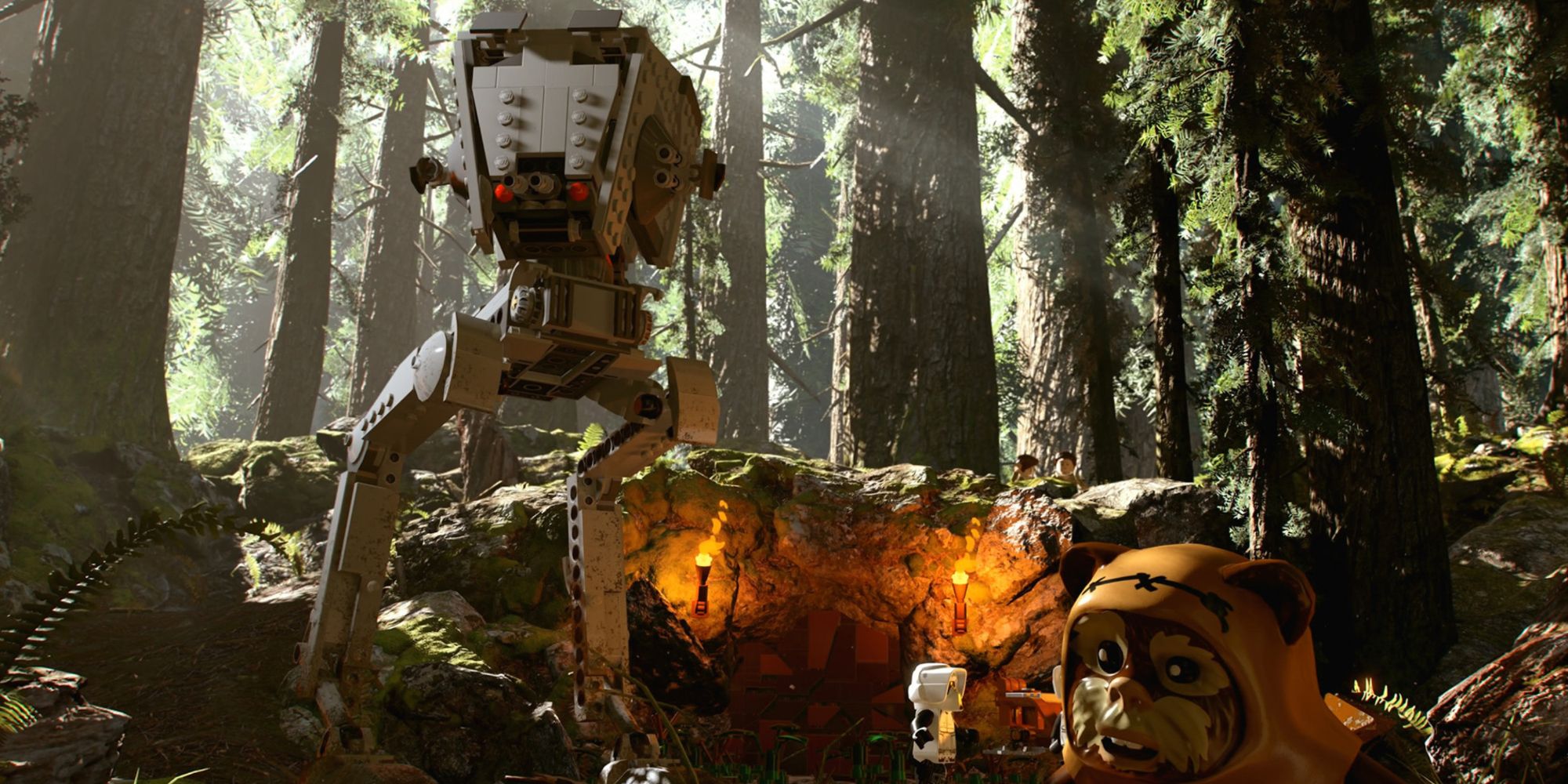 An Ewok and an AT-ST on Endor in Lego Star Wars The Skywalkers Saga
