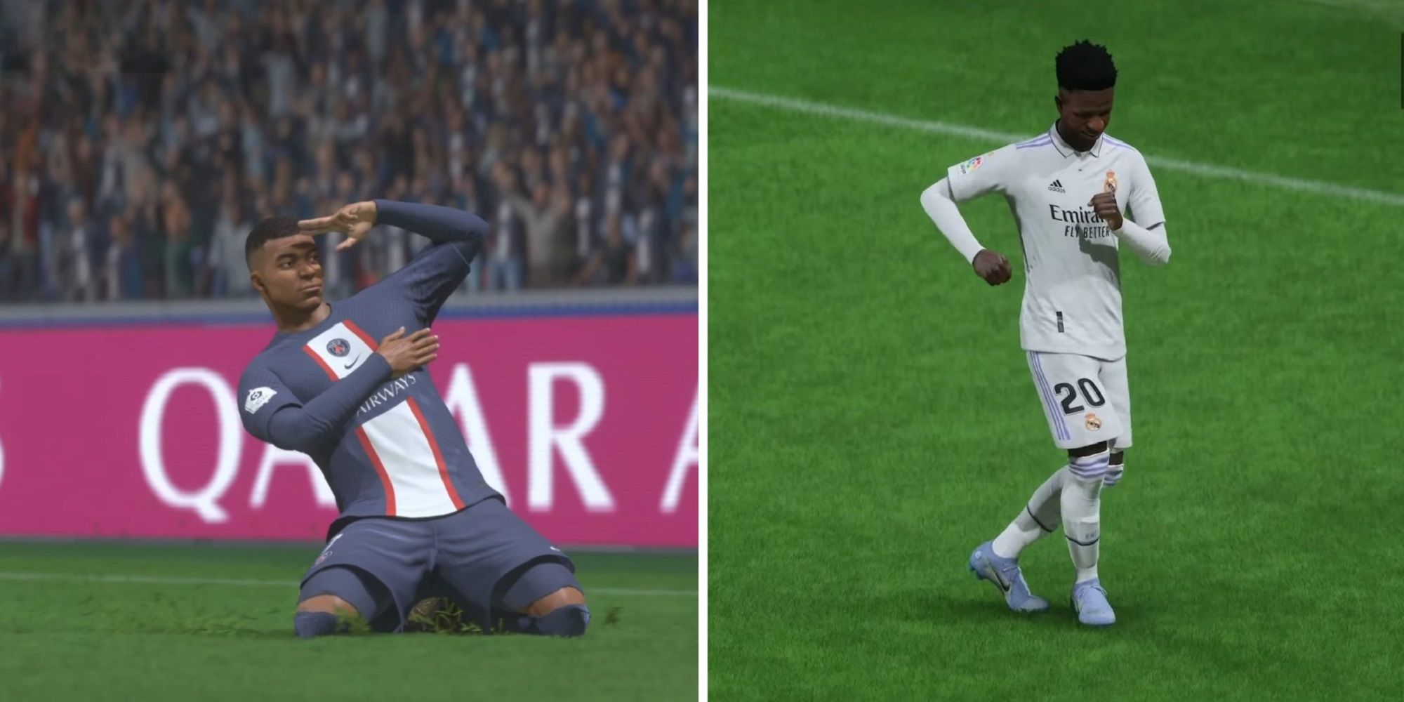 An image of Kylian Mbappé and Vinícius Júnior performing their celebrations in FIFA 23