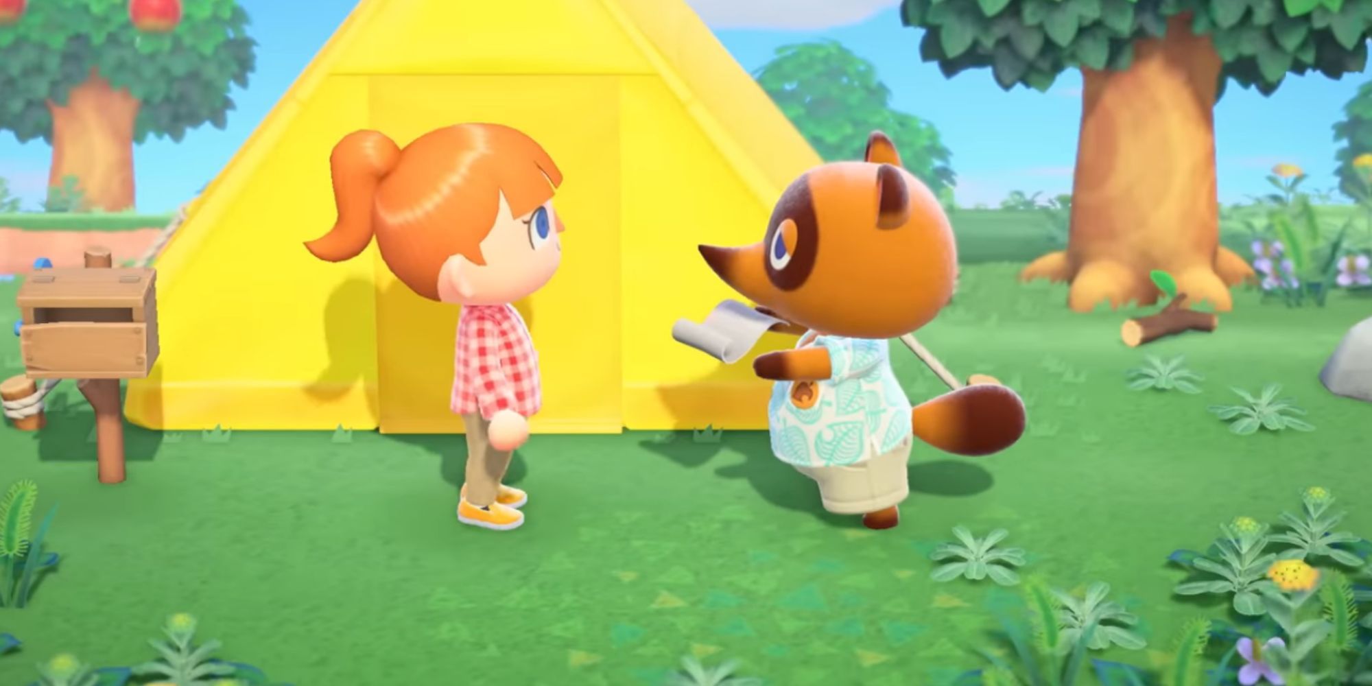 Nook handing documents to a villager in front of a tent