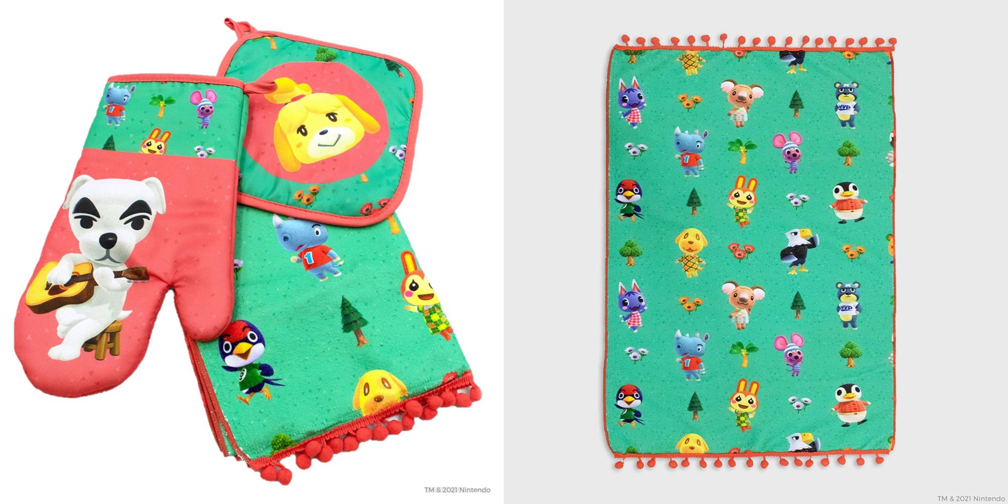 Full shot of Animal Crossing oven mitts, potholders, kitchen towels, and kitchen towels