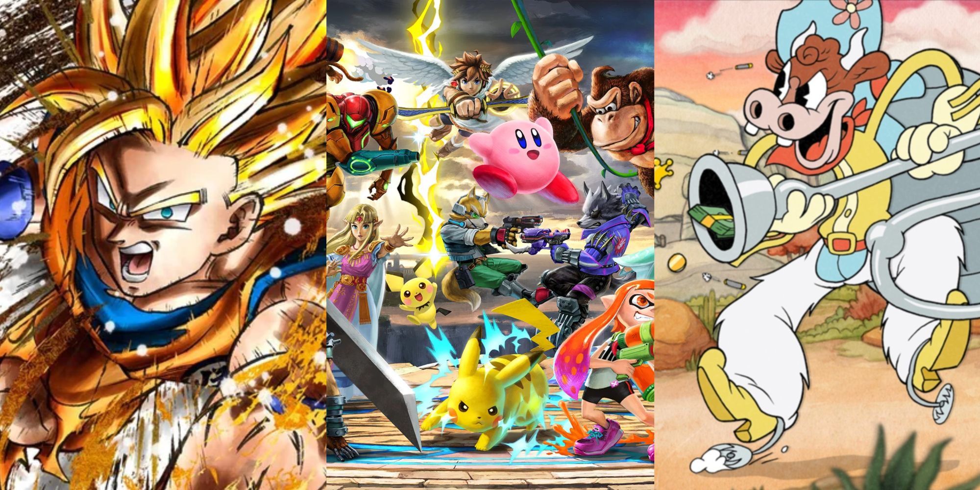 Dragonball FighterZ Goku, Super Smash bros cast, and a boss from Cuphead.