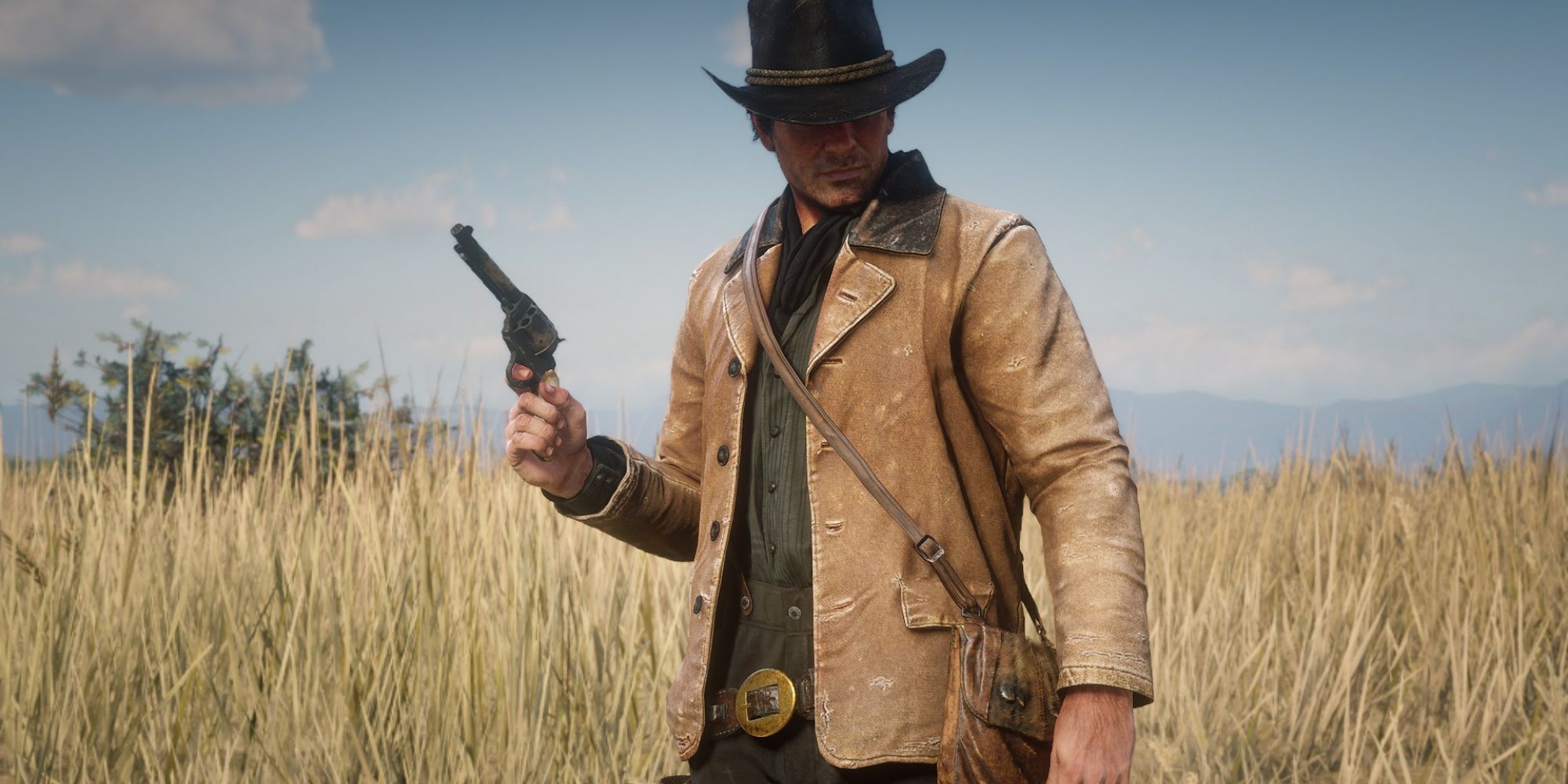 Mod for Red Dead Redemption 2 that updates the graphics of Arhtur's Gunslinger Court.  There is a photo showing Arthur in a tan coat at the scene.