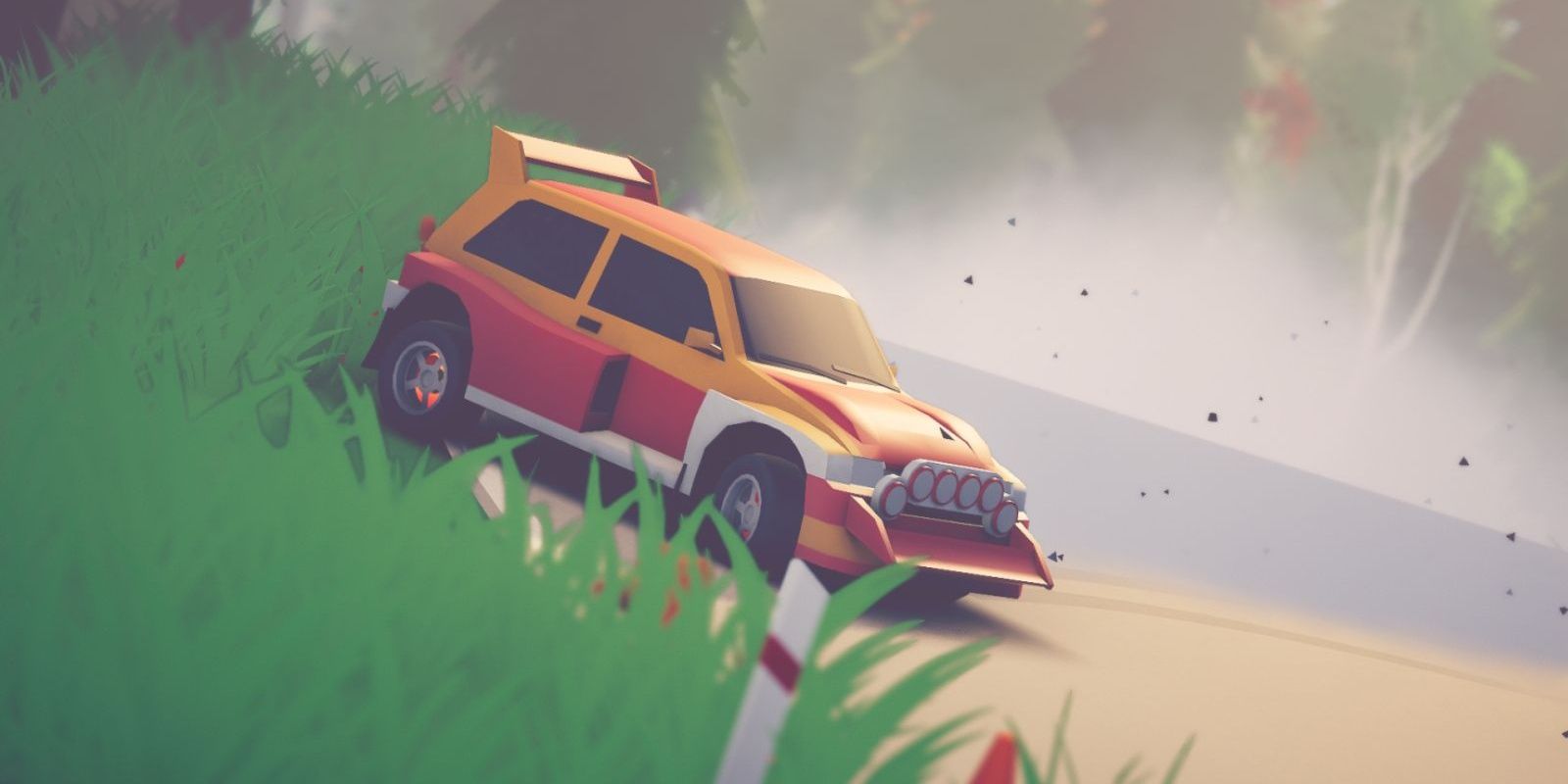 A car drifts around a corner in Art of Rally.