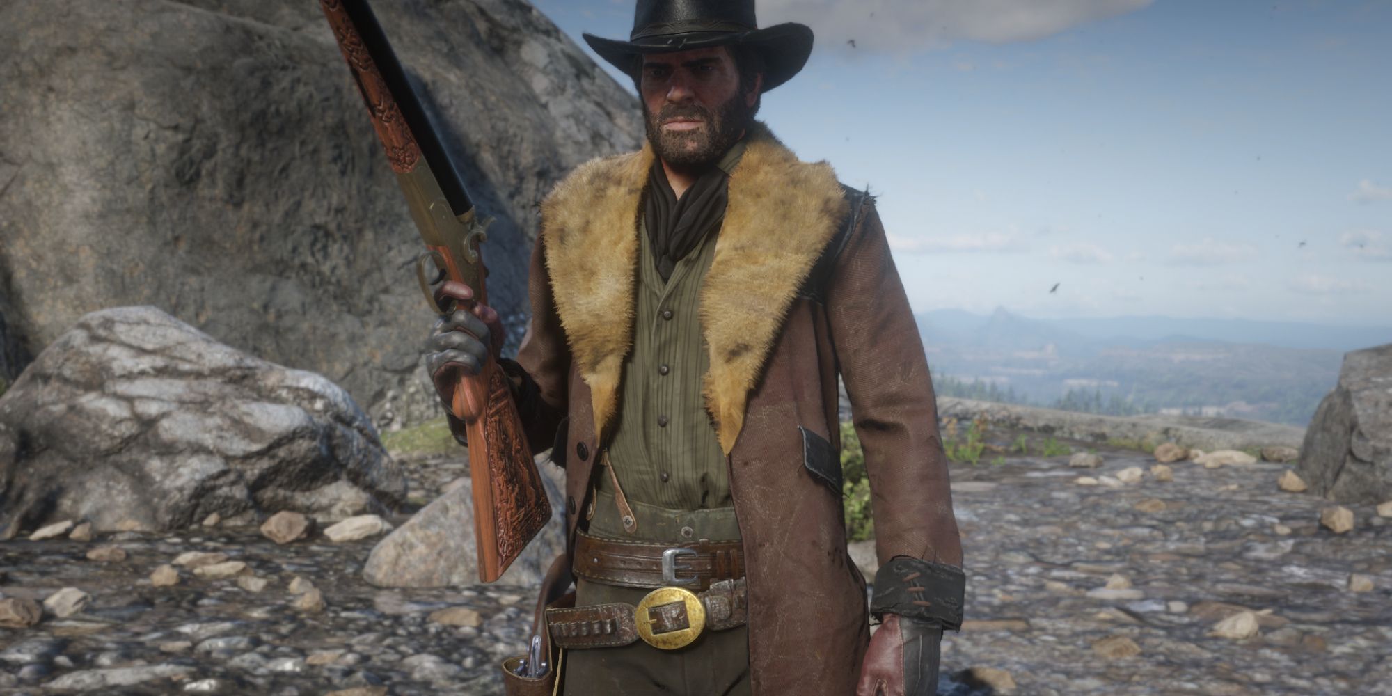 An image of Arthur Morgan from Red Dead Redemption 2 wearing a mod that darkens all of his bright outfits.