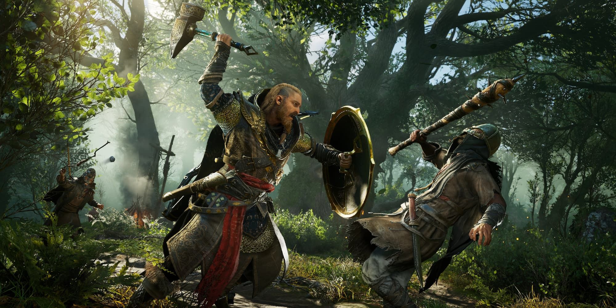 The assassin strikes an enemy with an axe in the forest in Assassin's Creed Valhalla.