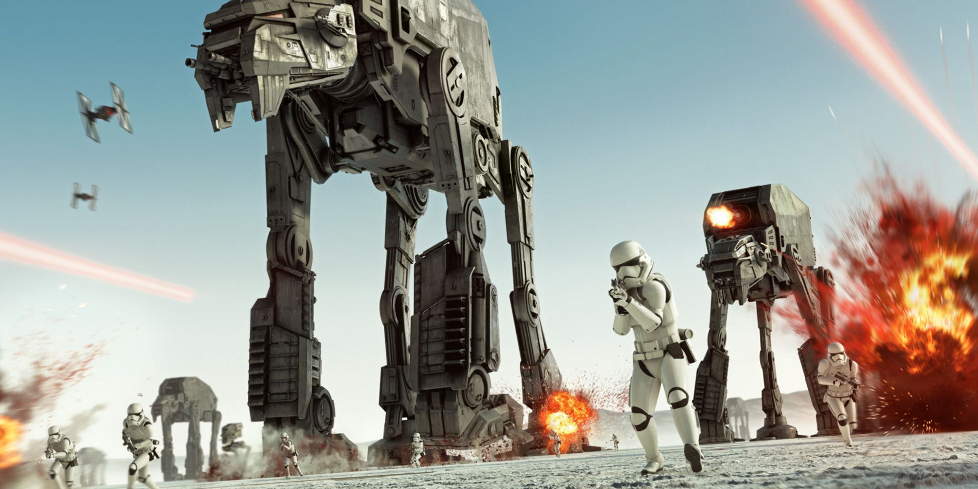 AT-M6 Walkers and Stormtroopers during a battle on Crait in Star Wrs Battlefront 2
