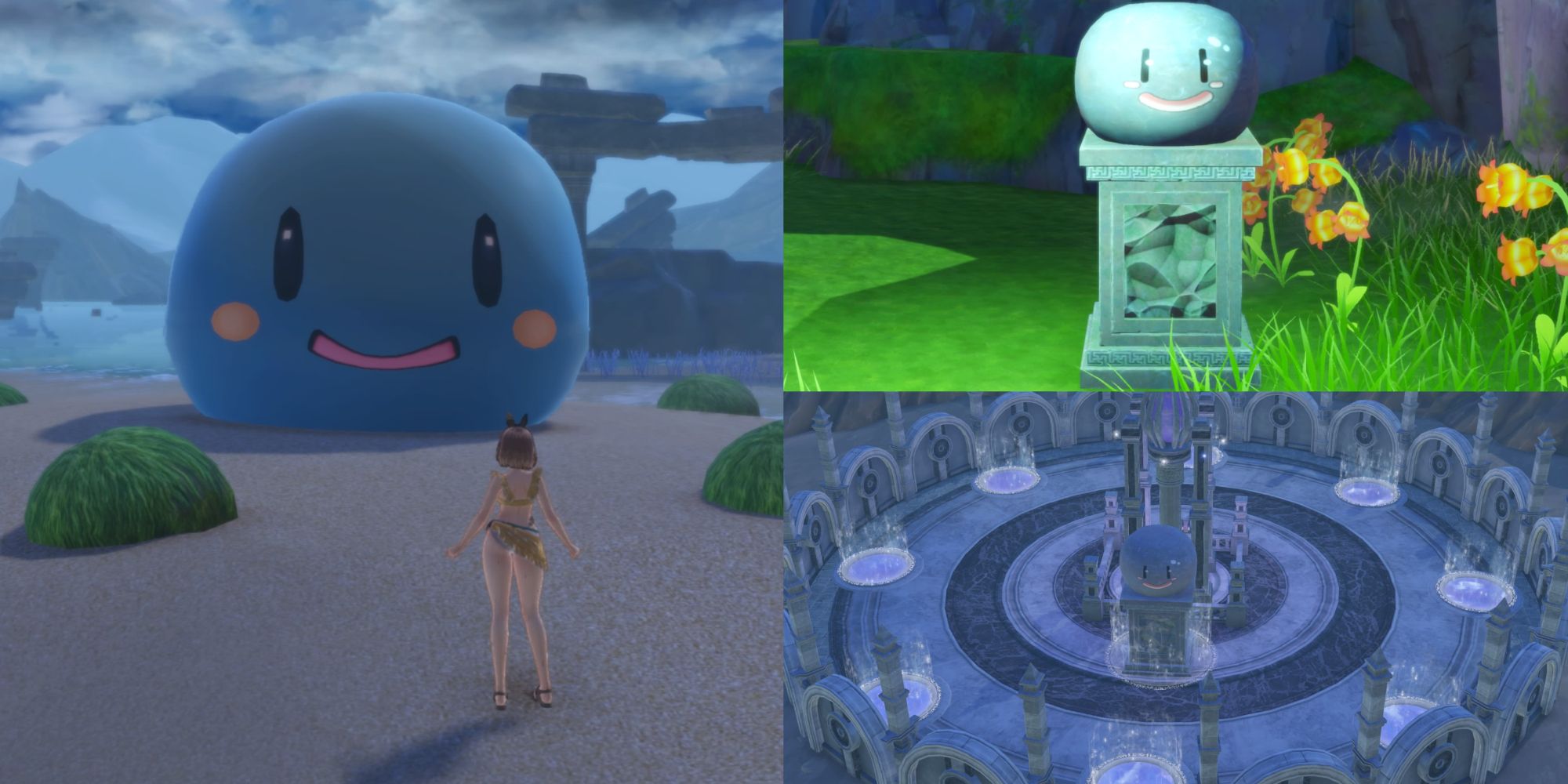 A collage of image from Atelier Ryza 3: Alchemist of the End & the Secret Key. The leftmost is of Ryza standing before a Big Puni monster. The top right is a Puni Statue. The bottom right is an area that showcases how many Puni Statues you have found.