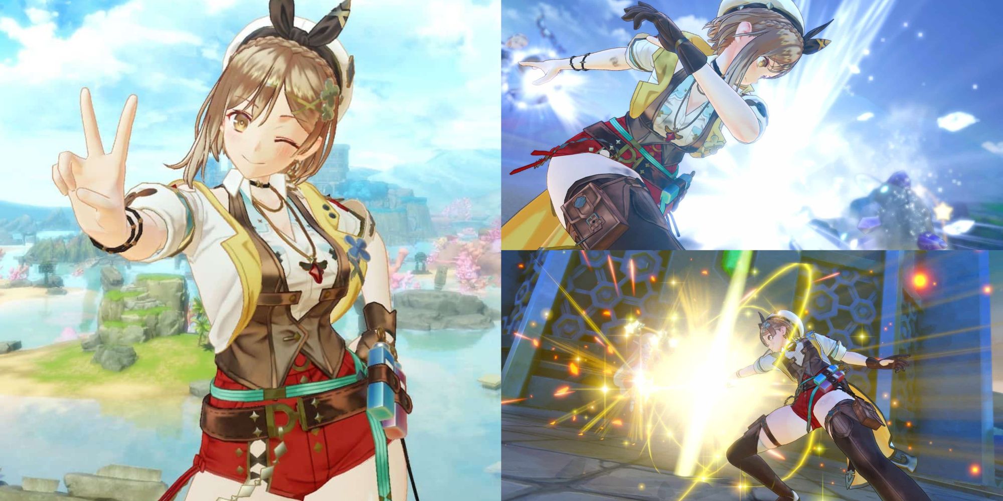 A collage of images of Ryza from Atelier Ryza 3: Alchemist of the End & the Secret Key. The leftmost is of her holding up a piece sign while standing in front of a small island. The top and bottom right are images of her attacking monsters during combat.