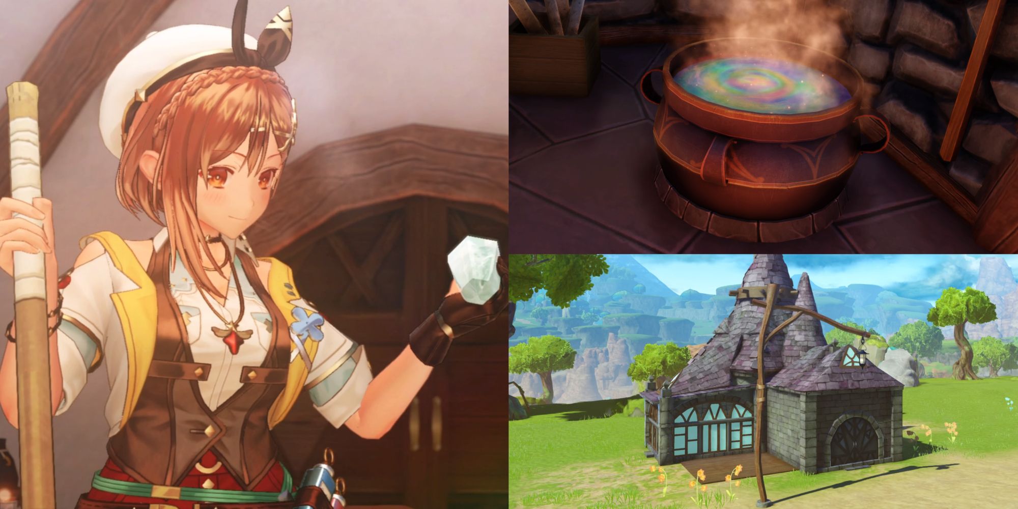 A collage of images from Atelier Ryza 3: Alchemist of the End & the Secret Key. The leftmost is of Ryza synthesizing a crystal with her Alchemy at her Atelier. The top right is of Ryza's cauldron, which she uses to create new items with her Alchemy. And the bottom right is an outside look of the Laboratory Atelier in the game.
