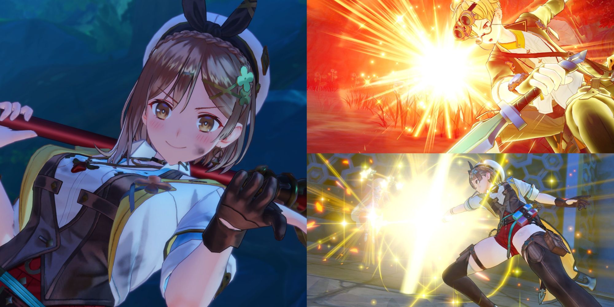 A collage of images from Atelier Ryza 3: Alchemist of the End & the Secret Key. The leftmost image is a bruised and dirty Ryza posing after achieving victory in combat. The top right is Tao performing a devastating slash with his Dual Daggers. The bottom right is Ryza performing a powerful attack with her Staff.