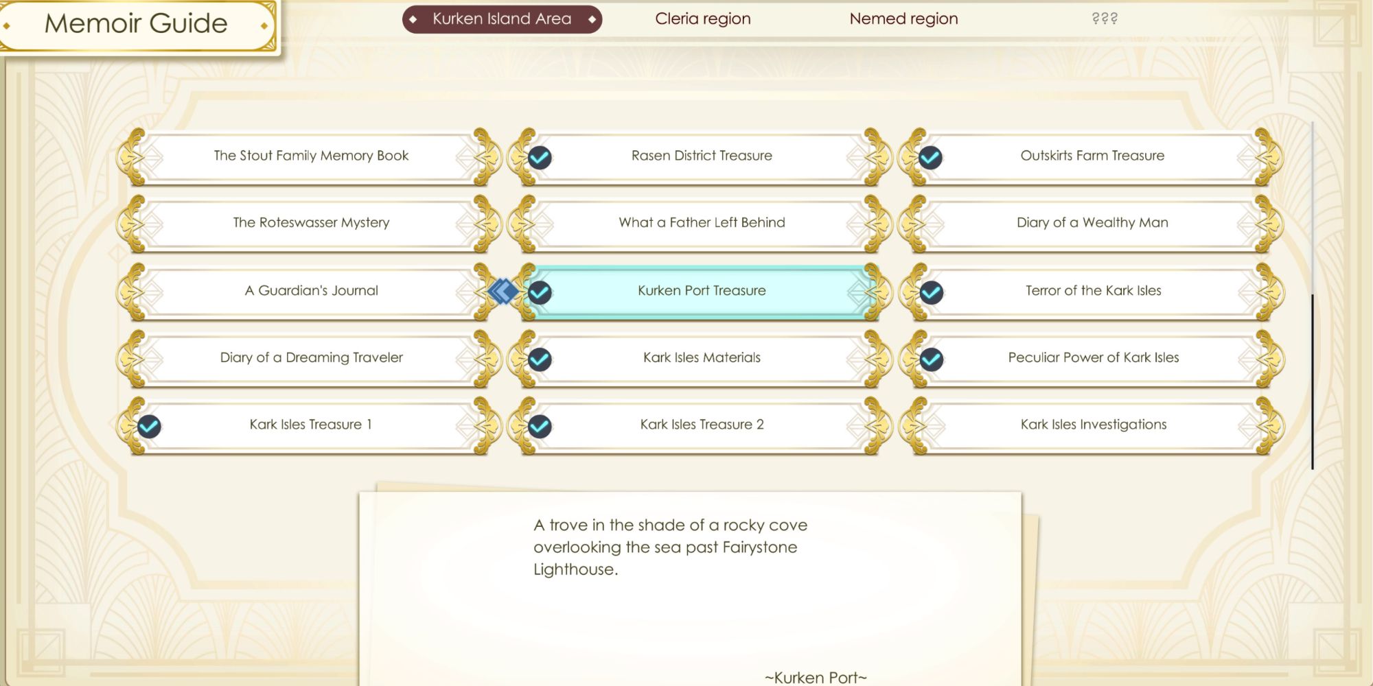 An overview of the Kurken Island Memoir Guide in Atelier Ryza 3: Alchemist of the End & the Secret Key, showcasing a completed Memoir Page for the region.