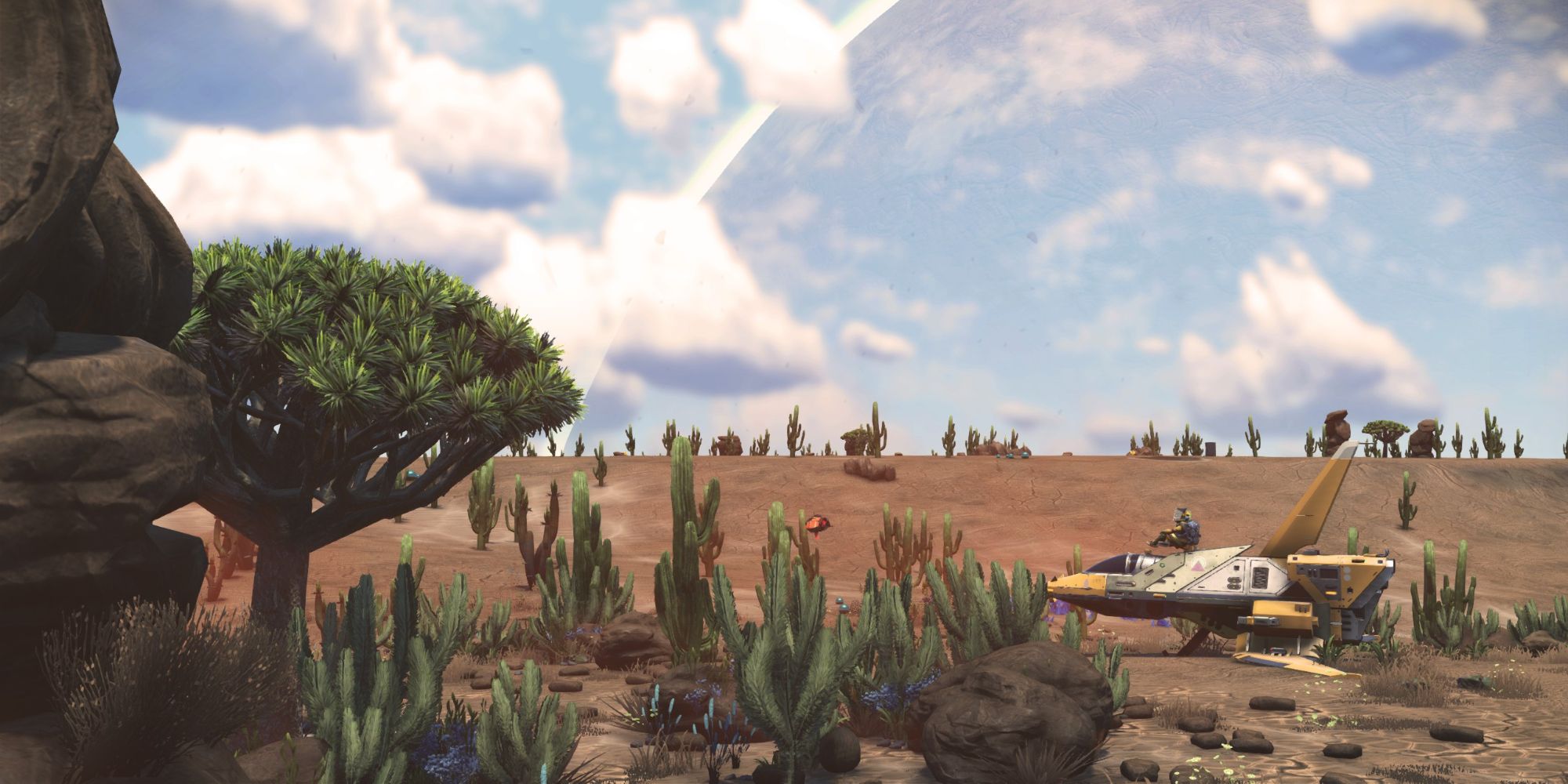 A photo of a Barren Planet from No Man's Sky, with the playable character resting on their ship in the middle of a desert landscape.