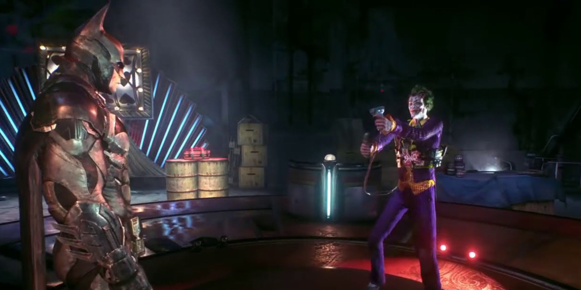 Batman Arkham Knight Screenshot Of Batman Staring At Singing Joker as Johnny Charisma